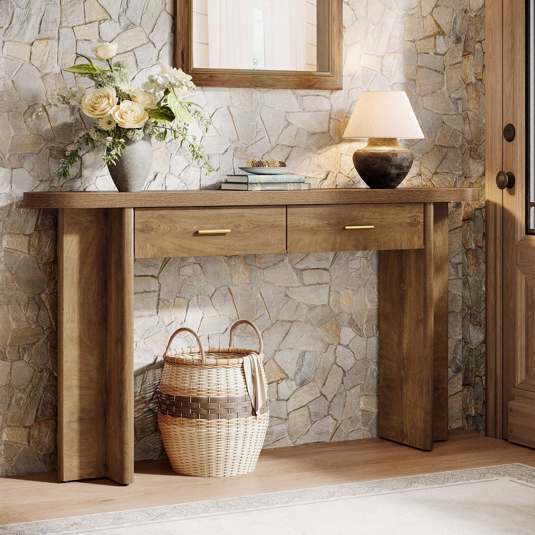 63" Console Table, Farmhouse Oval Curved Entryway Table with 2 Drawers - Image 3