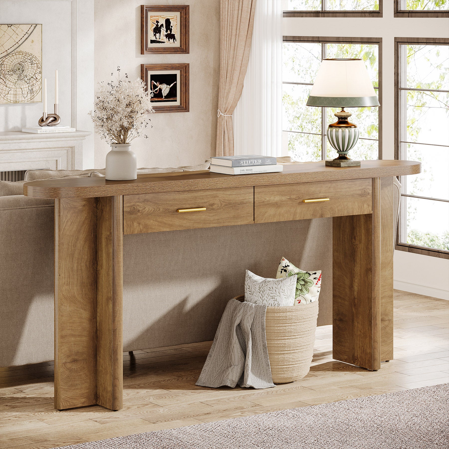 63" Console Table, Farmhouse Oval Curved Entryway Table with 2 Drawers - Image 9