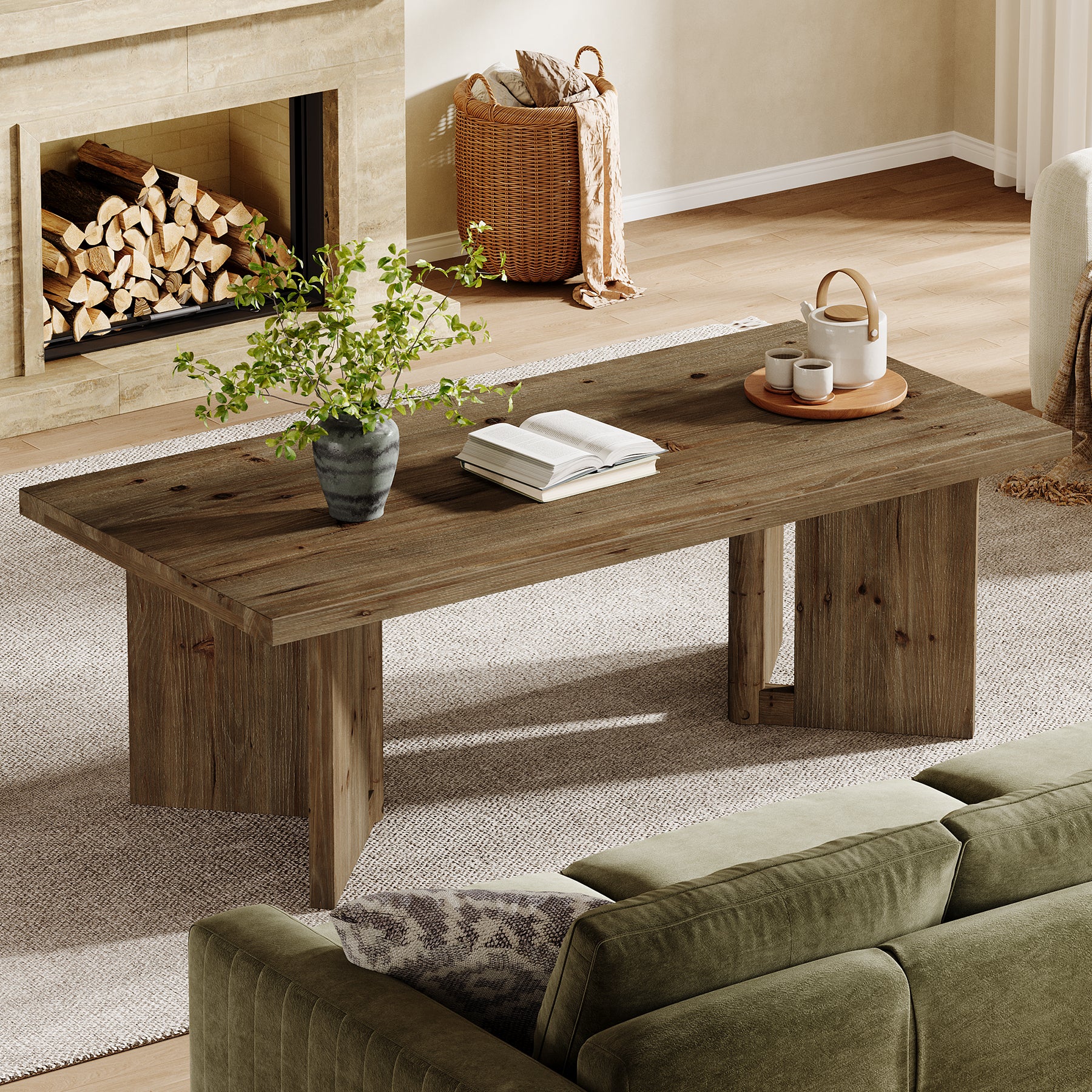 47" Wood Coffee Table, Farmhouse Rectangle Center Table with Triangle Legs - Image 3
