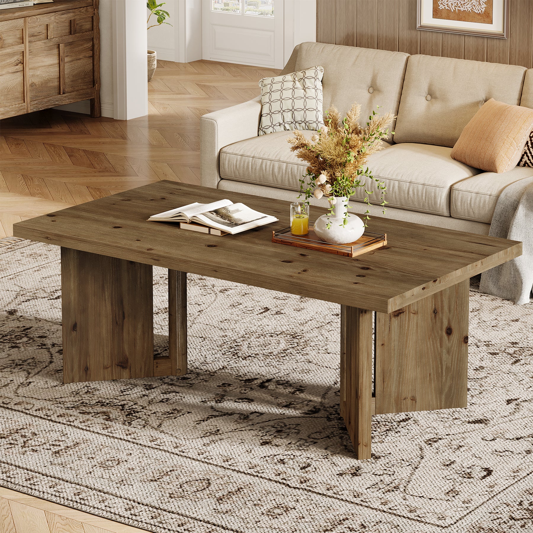 47" Wood Coffee Table, Farmhouse Rectangle Center Table with Triangle Legs - Image 4