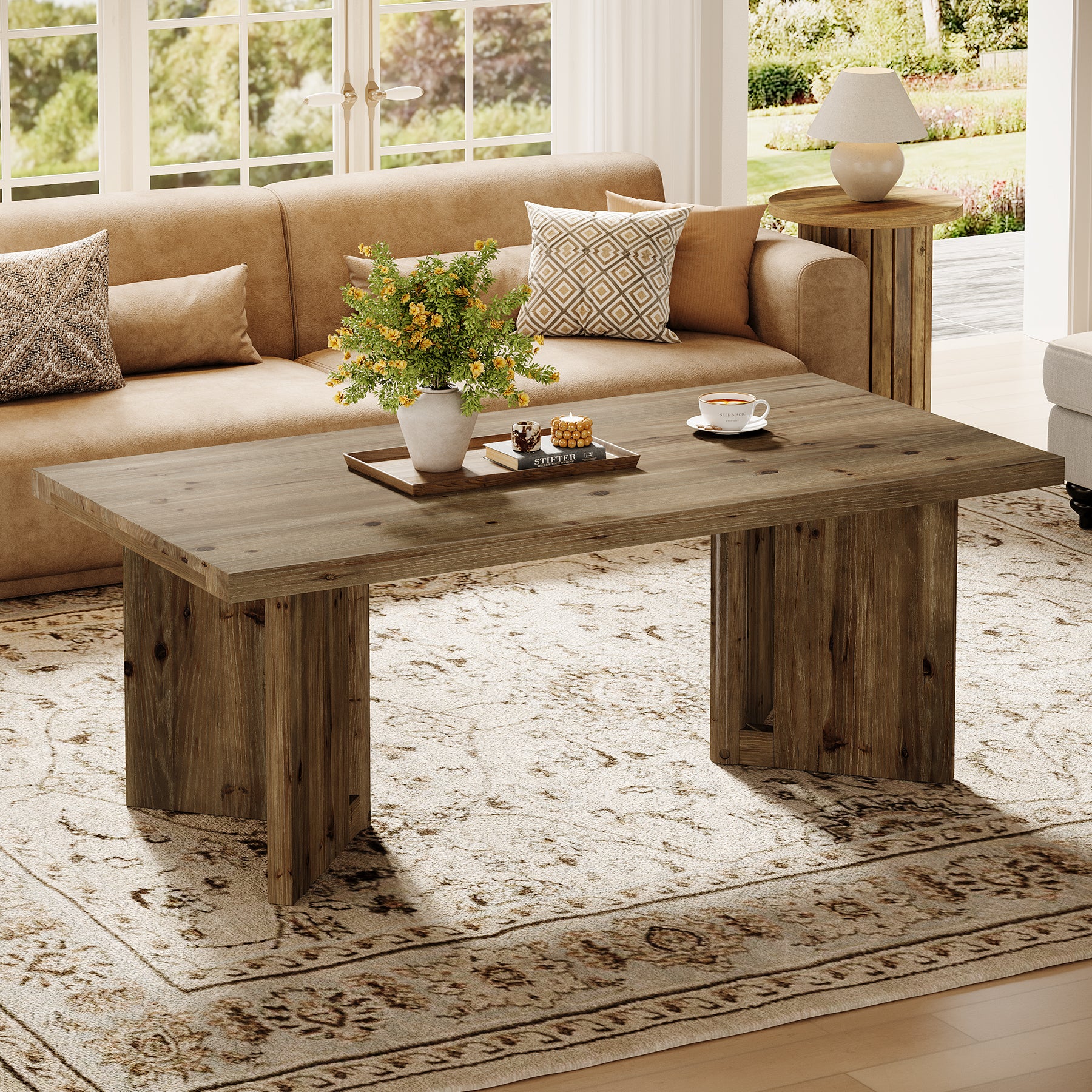 47" Wood Coffee Table, Farmhouse Rectangle Center Table with Triangle Legs - Image 5
