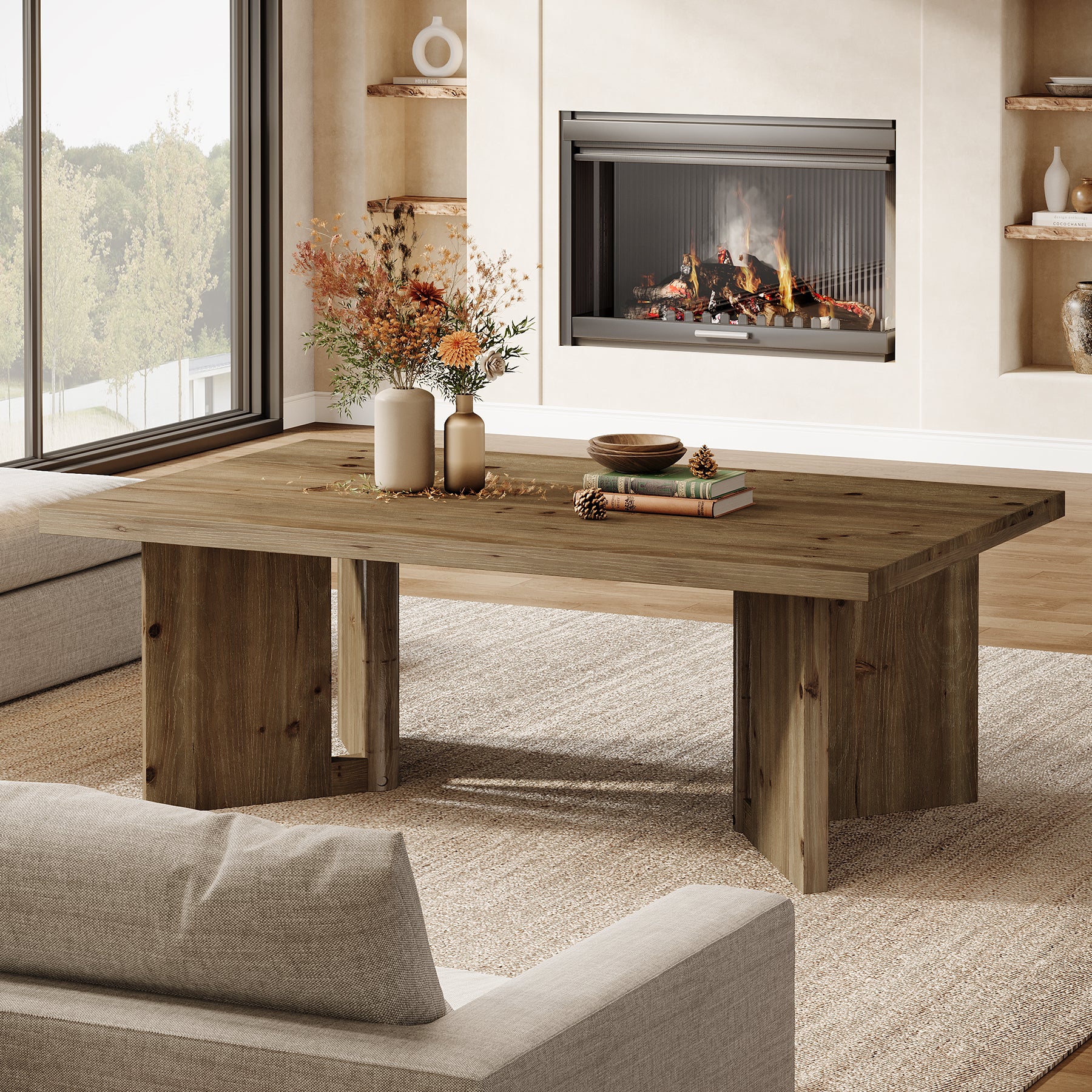 47" Wood Coffee Table, Farmhouse Rectangle Center Table with Triangle Legs - Image 6