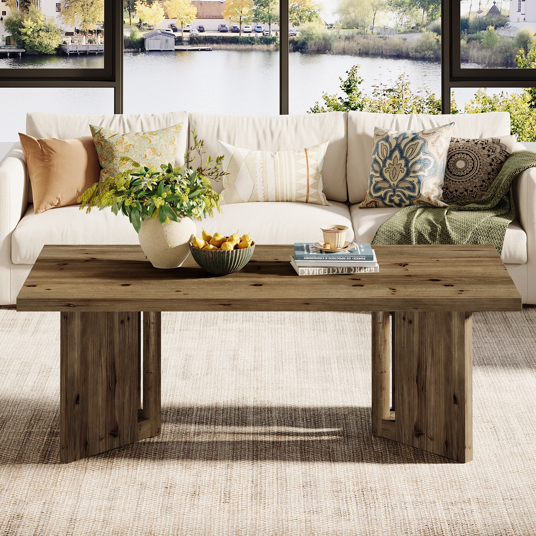 47" Wood Coffee Table, Farmhouse Rectangle Center Table with Triangle Legs - Image 7