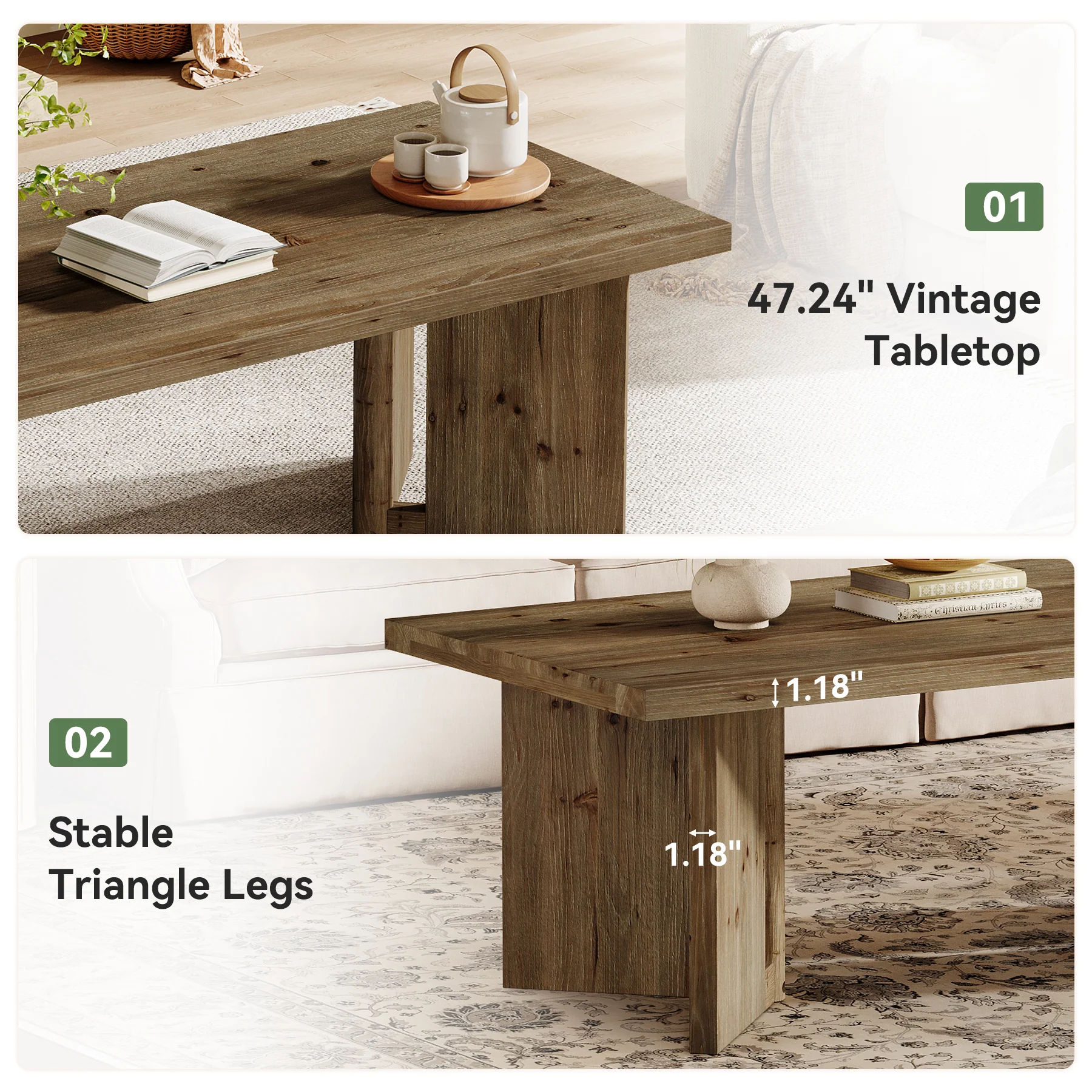47" Wood Coffee Table, Farmhouse Rectangle Center Table with Triangle Legs - Image 8