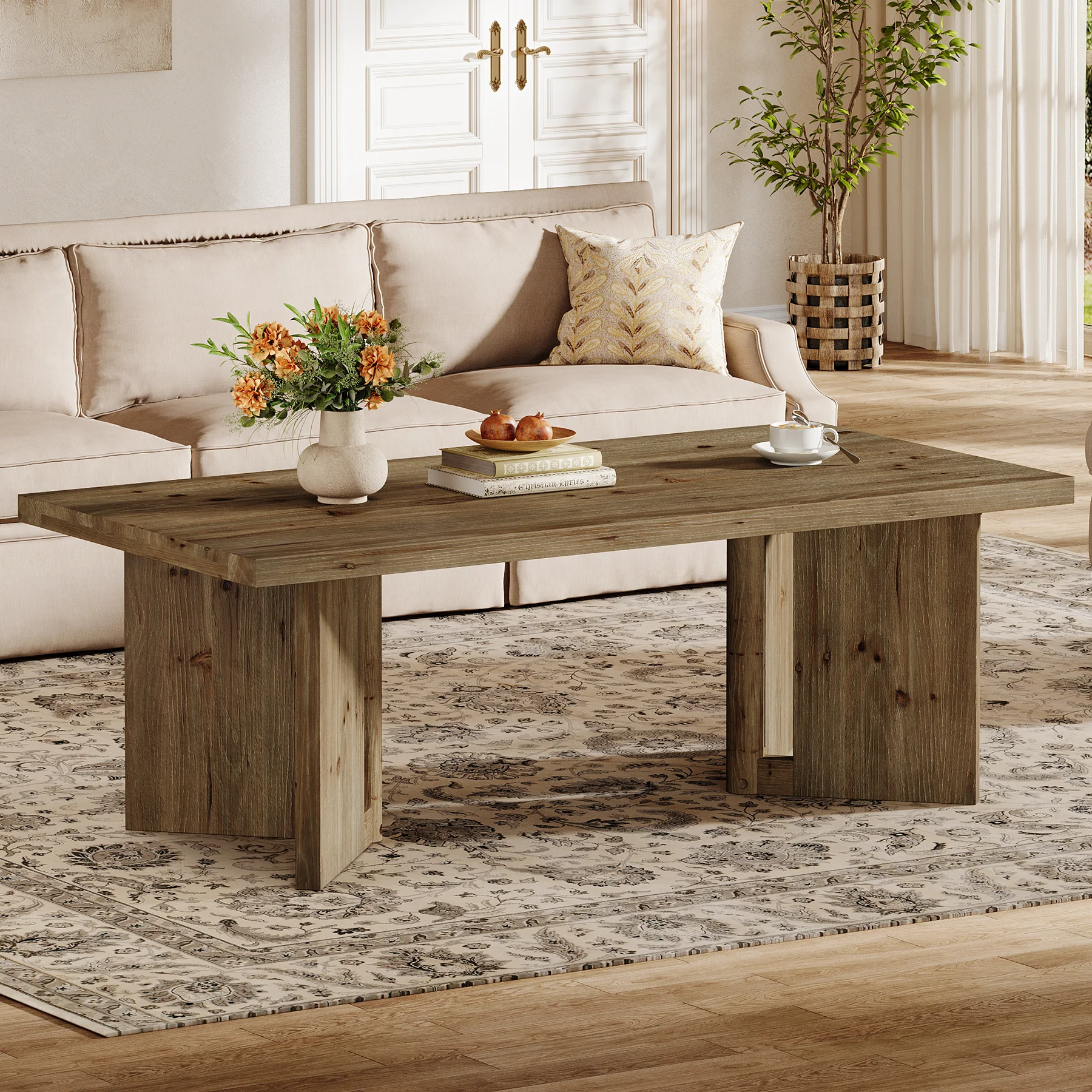 47" Wood Coffee Table, Farmhouse Rectangle Center Table with Triangle Legs - Image 9