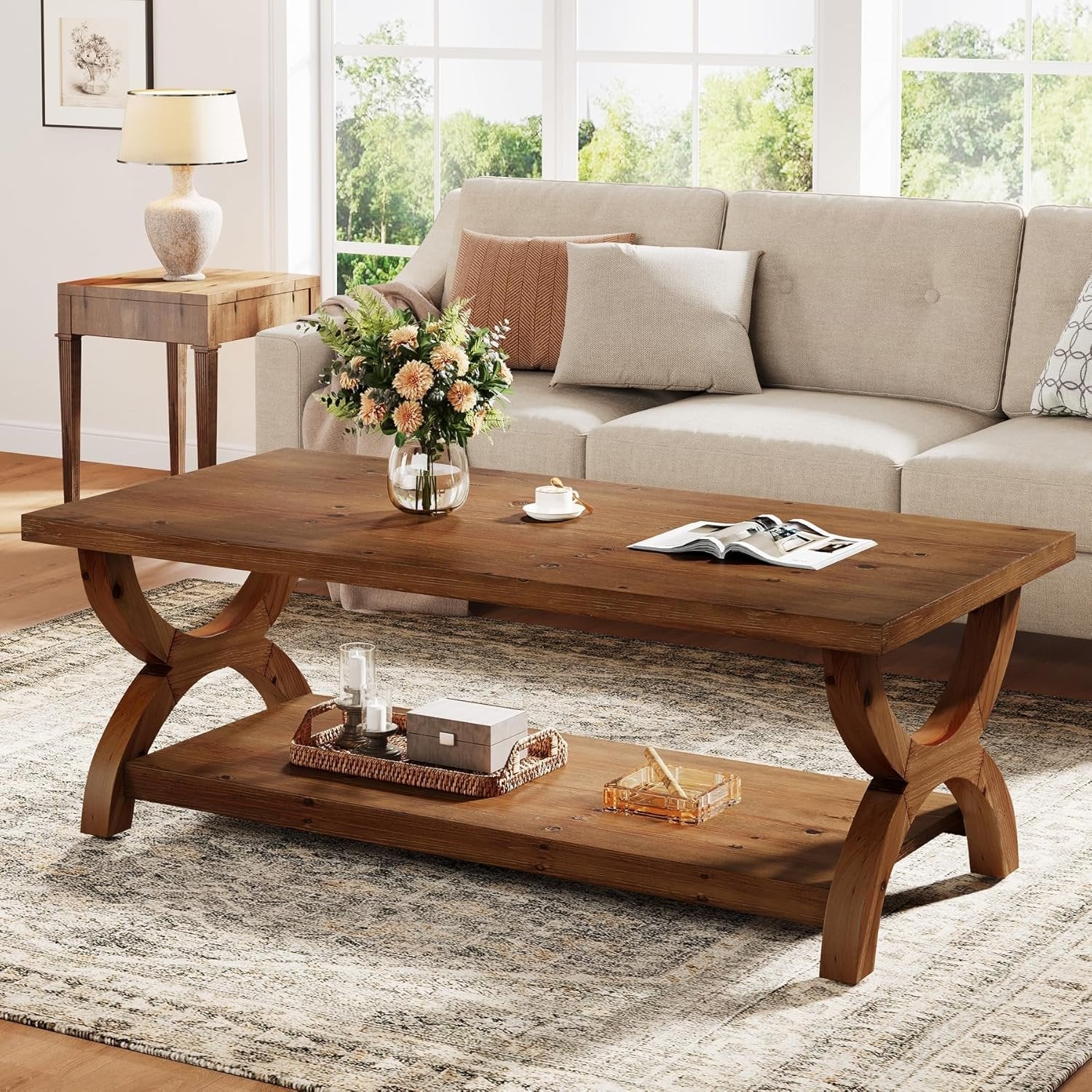 47.2" Solid Wood Coffee Tables, Farmhouse Rectangle Center Tea Table with Storage Shelf