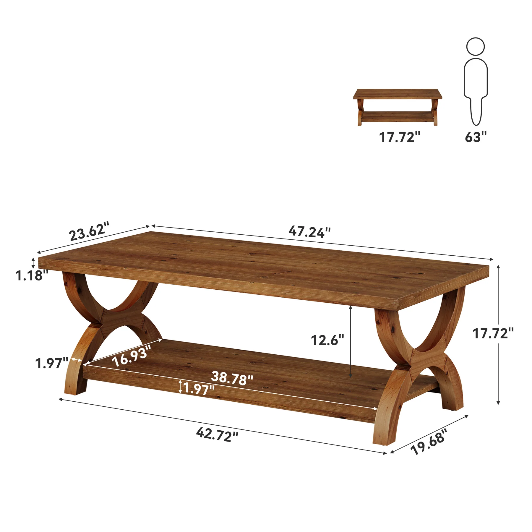 47.2" Solid Wood Coffee Tables, Farmhouse Rectangle Center Tea Table with Storage Shelf - Image 2