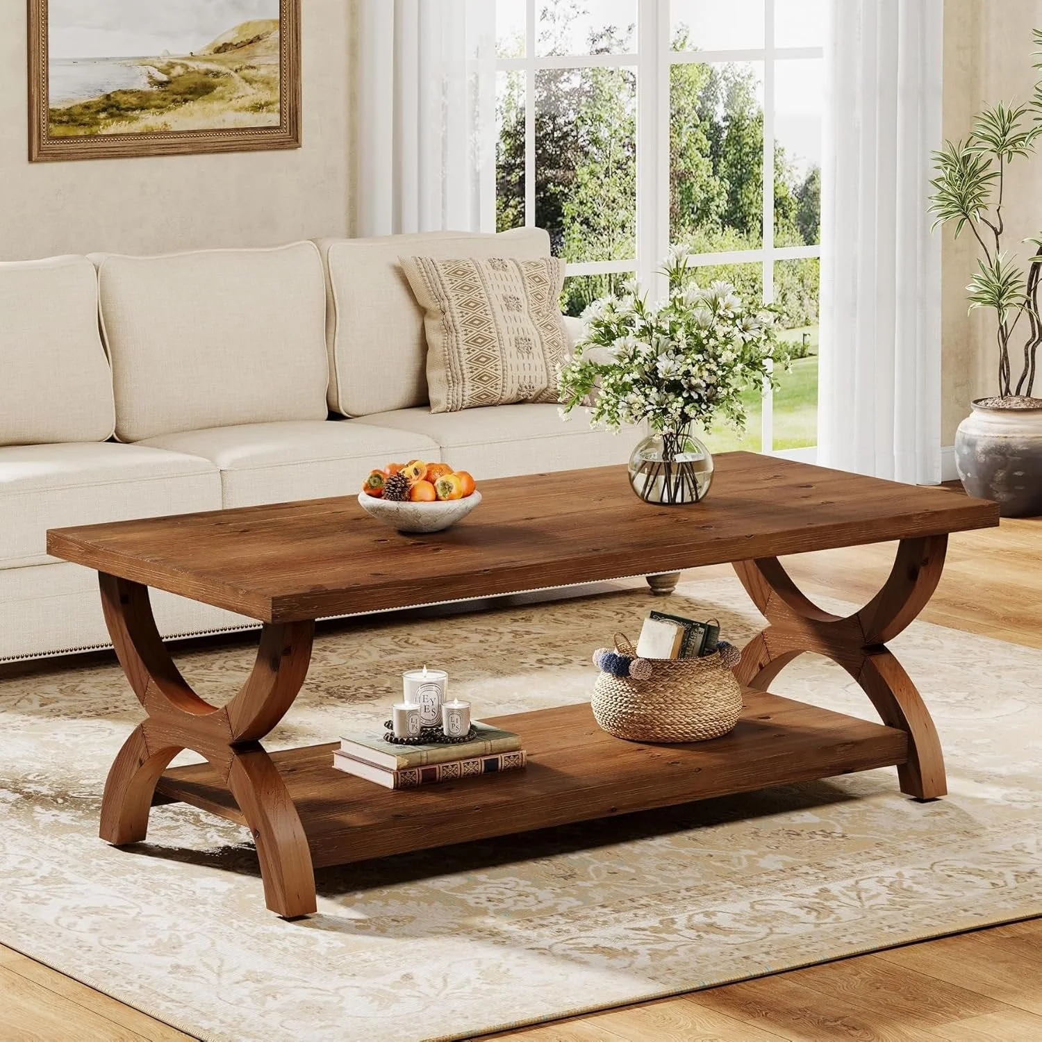 47.2" Solid Wood Coffee Tables, Farmhouse Rectangle Center Tea Table with Storage Shelf - Image 3