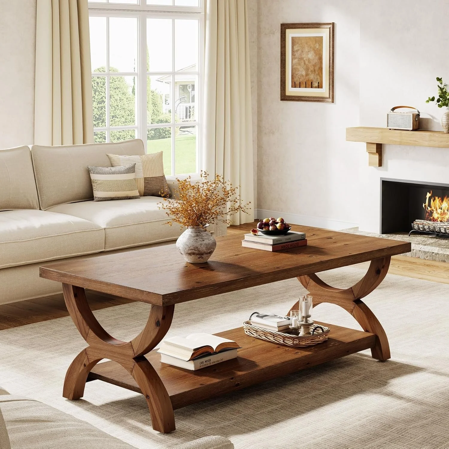 47.2" Solid Wood Coffee Tables, Farmhouse Rectangle Center Tea Table with Storage Shelf - Image 4