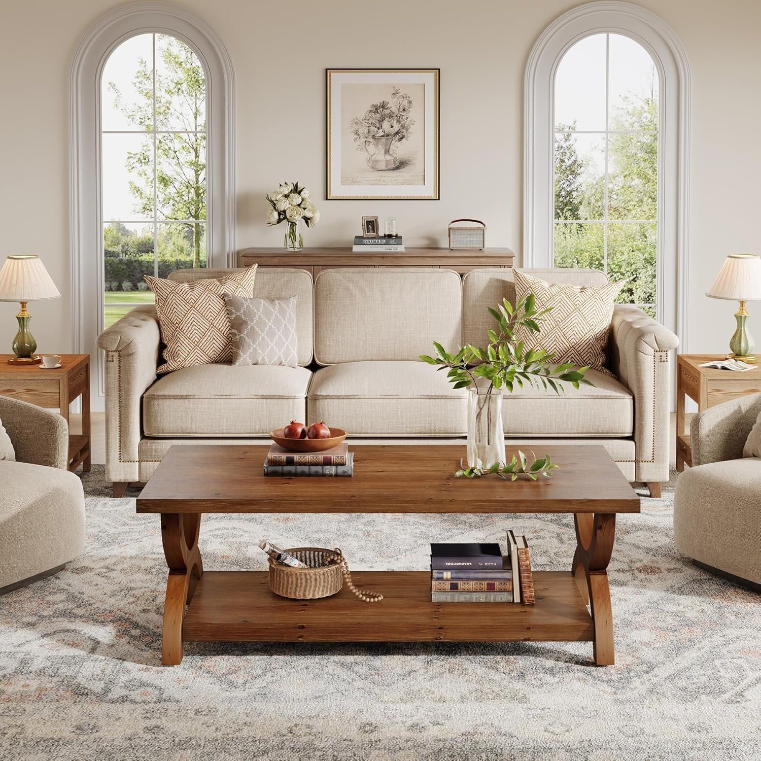 47.2" Solid Wood Coffee Tables, Farmhouse Rectangle Center Tea Table with Storage Shelf - Image 5