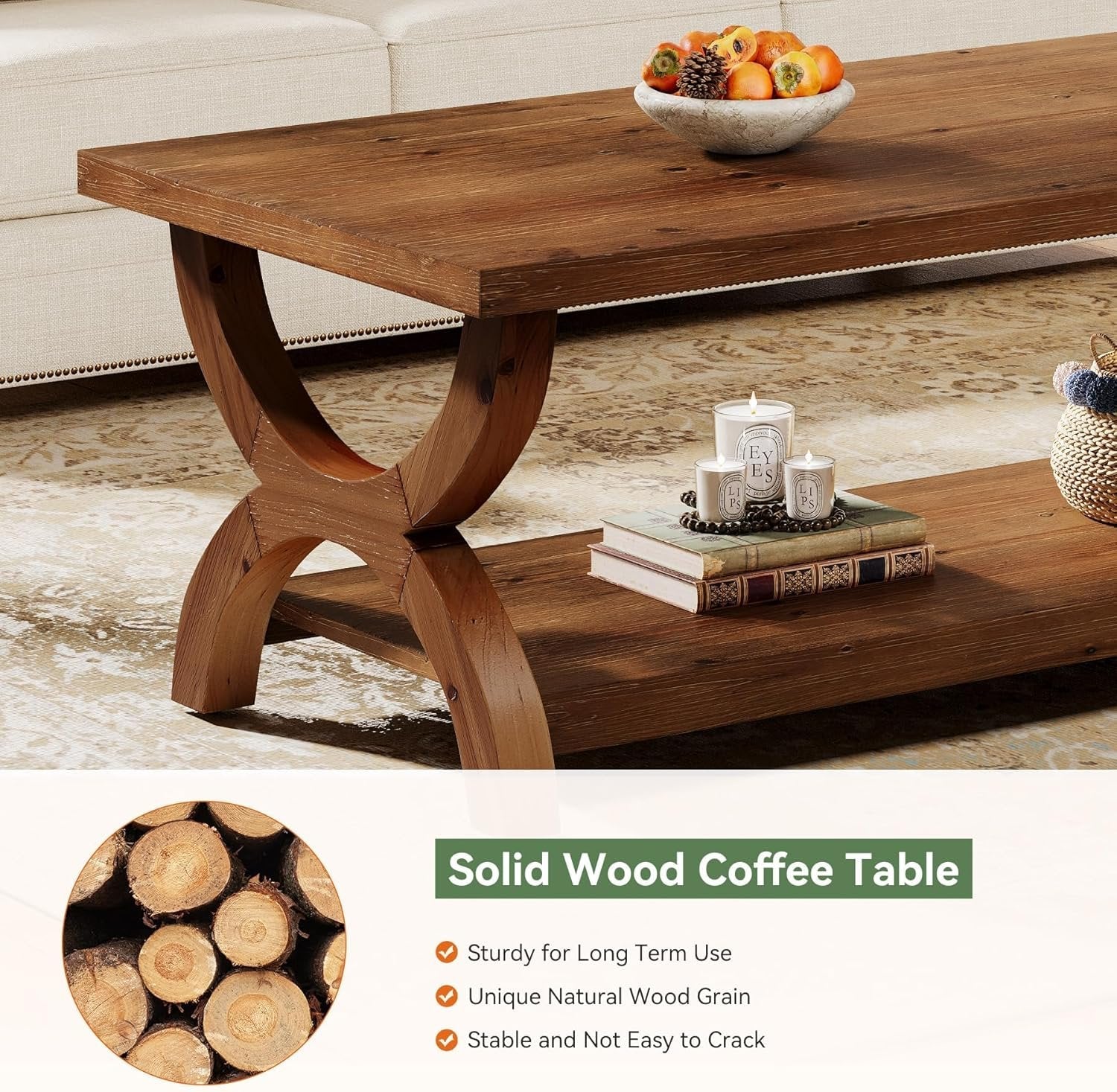 47.2" Solid Wood Coffee Tables, Farmhouse Rectangle Center Tea Table with Storage Shelf - Image 6