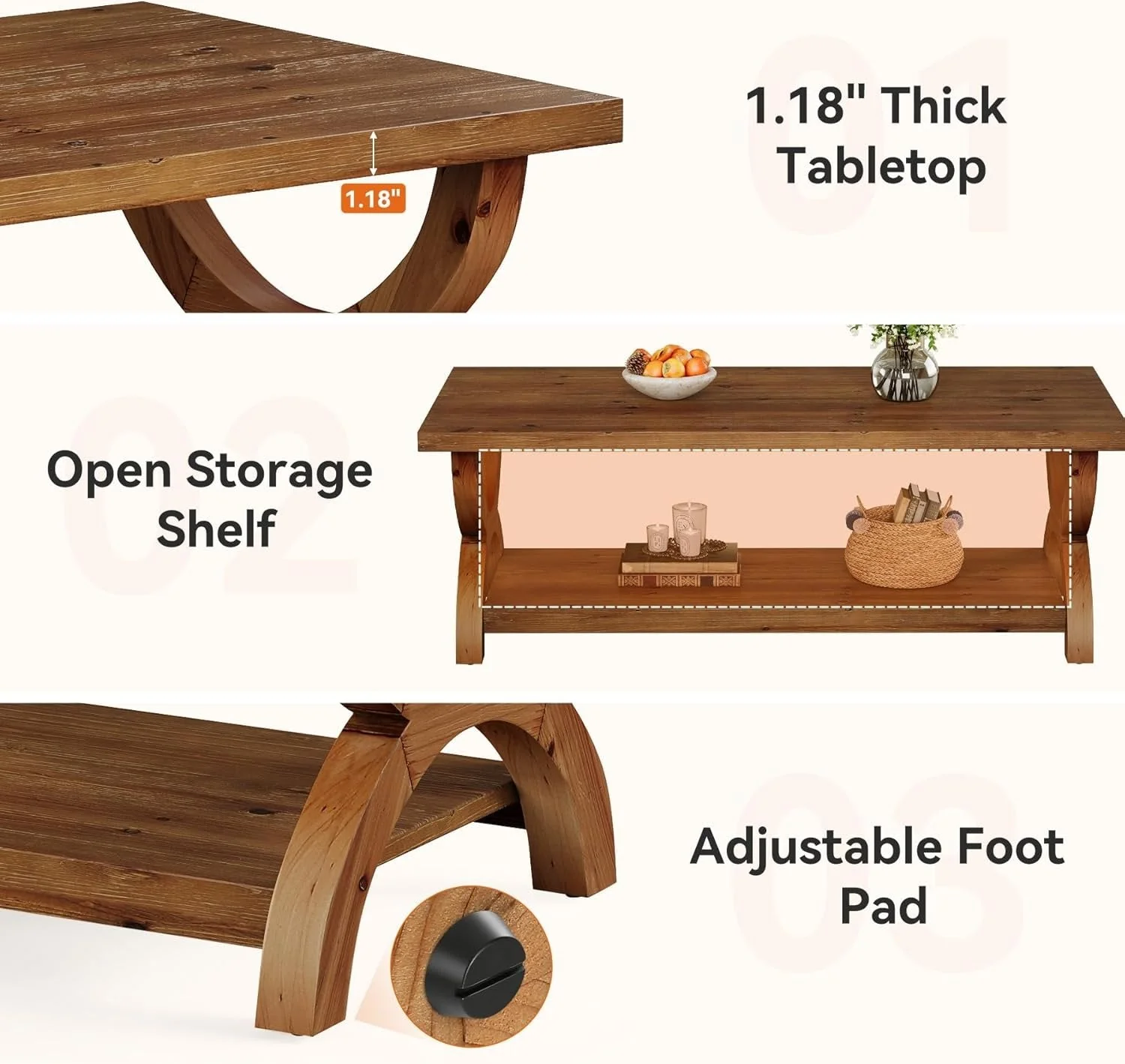 47.2" Solid Wood Coffee Tables, Farmhouse Rectangle Center Tea Table with Storage Shelf - Image 7