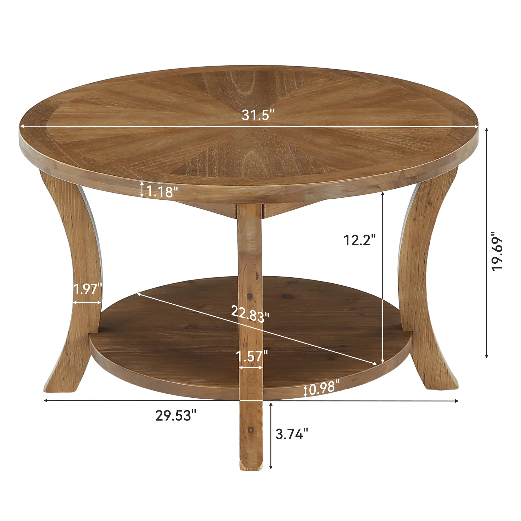 31.5" Round Coffee Table with Storage Shelf, Farmhouse Wooden Center Table for Living Room - Image 2