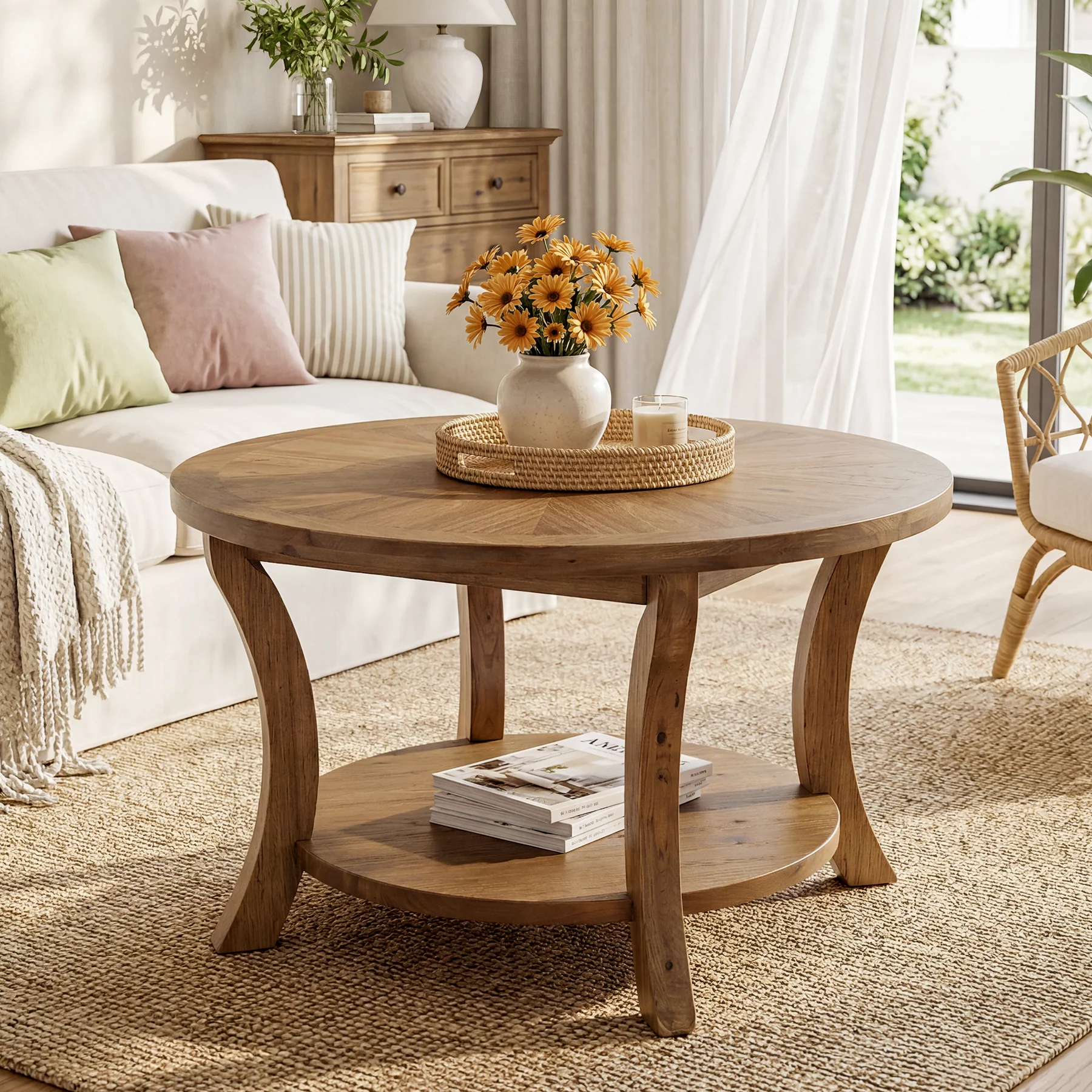 31.5" Round Coffee Table with Storage Shelf, Farmhouse Wooden Center Table for Living Room - Image 5