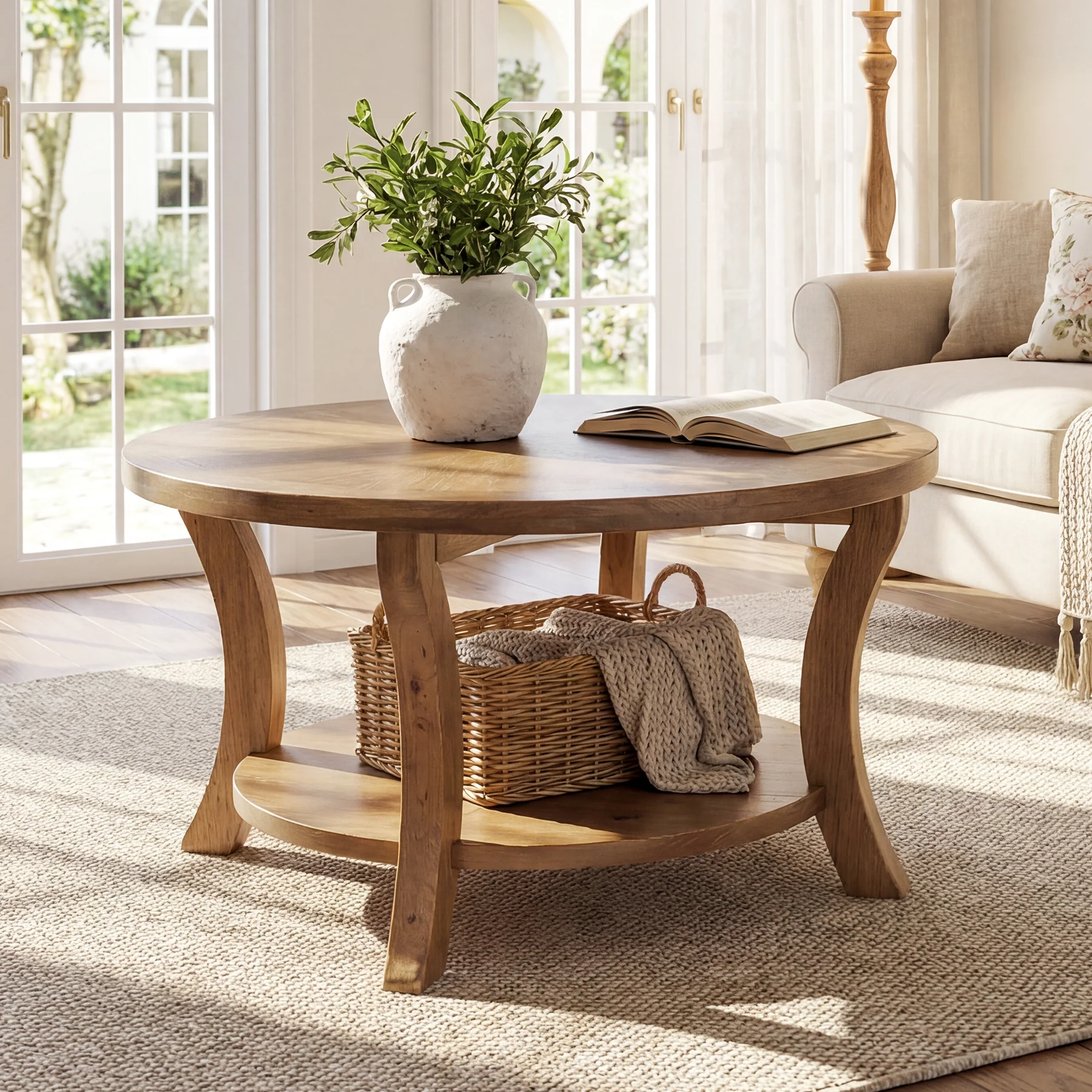 31.5" Round Coffee Table with Storage Shelf, Farmhouse Wooden Center Table for Living Room - Image 7
