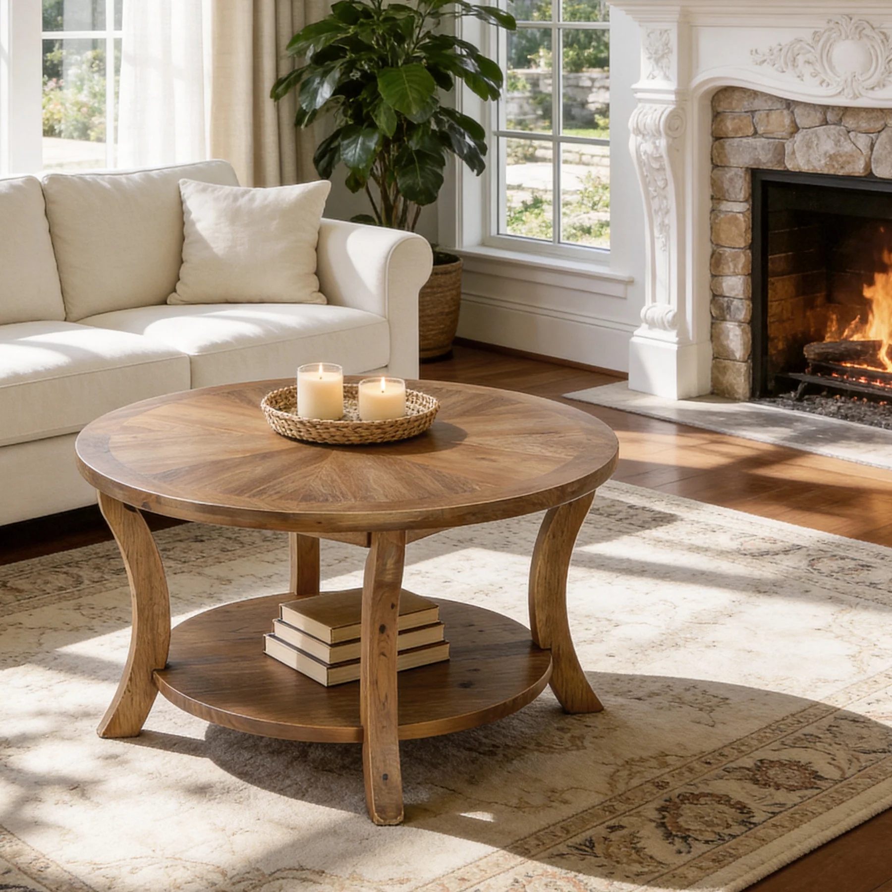 31.5" Round Coffee Table with Storage Shelf, Farmhouse Wooden Center Table for Living Room - Image 8