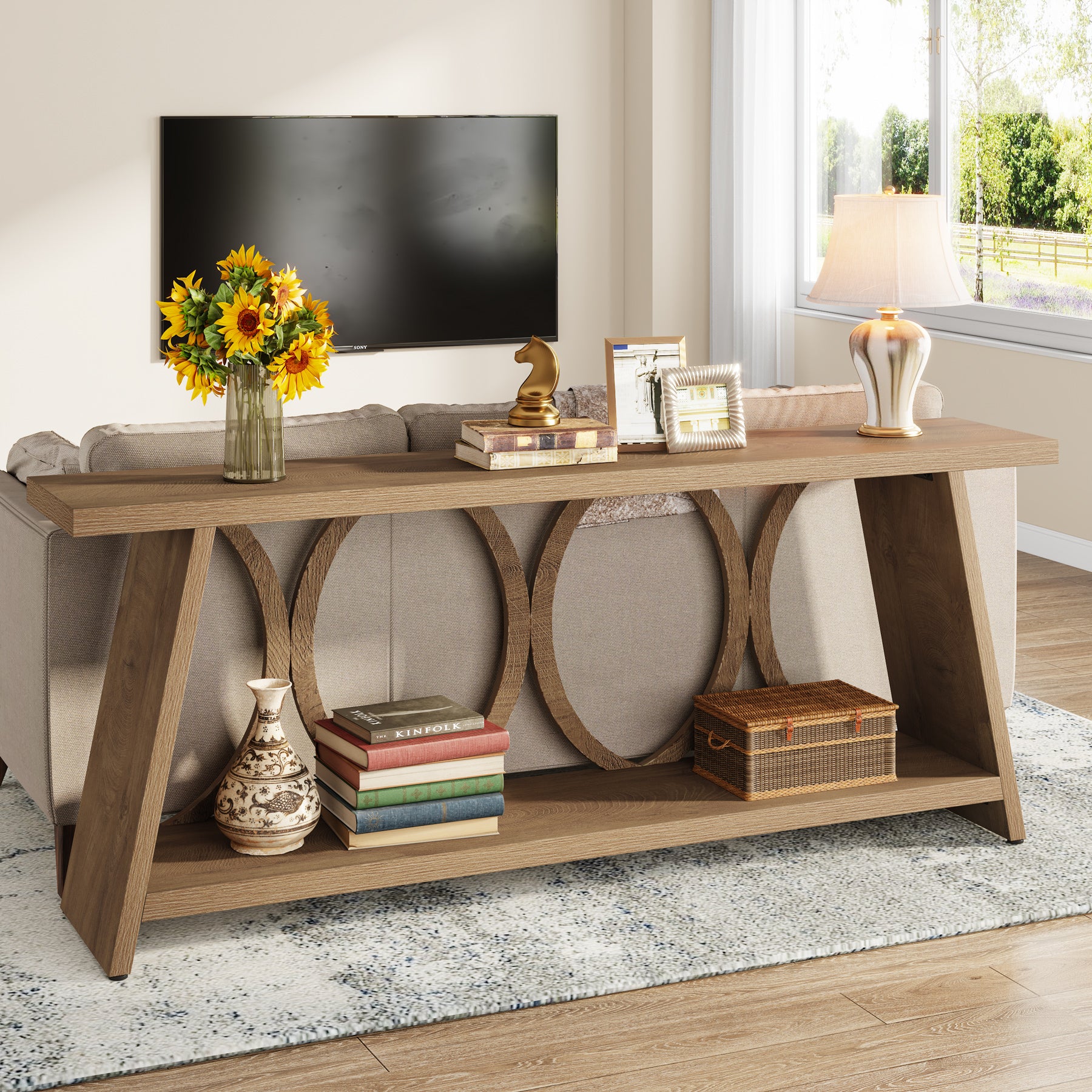 70.9" Console Table, Farmhouse Sofa Table Hallway Accent Table with 2 Tier Shelf - Image 3