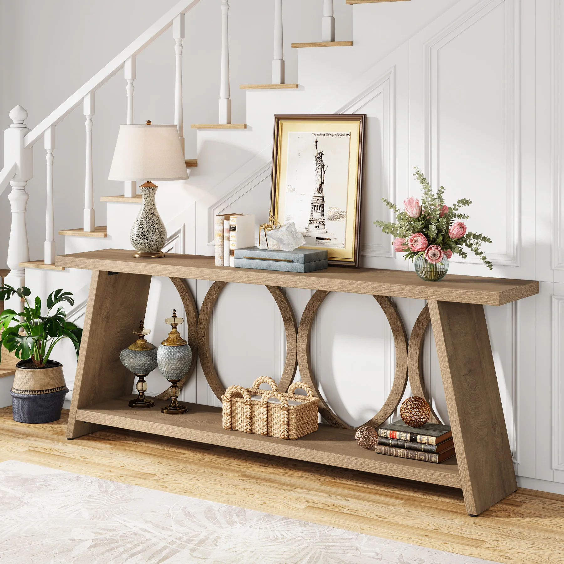 70.9" Console Table, Farmhouse Sofa Table Hallway Accent Table with 2 Tier Shelf - Image 4