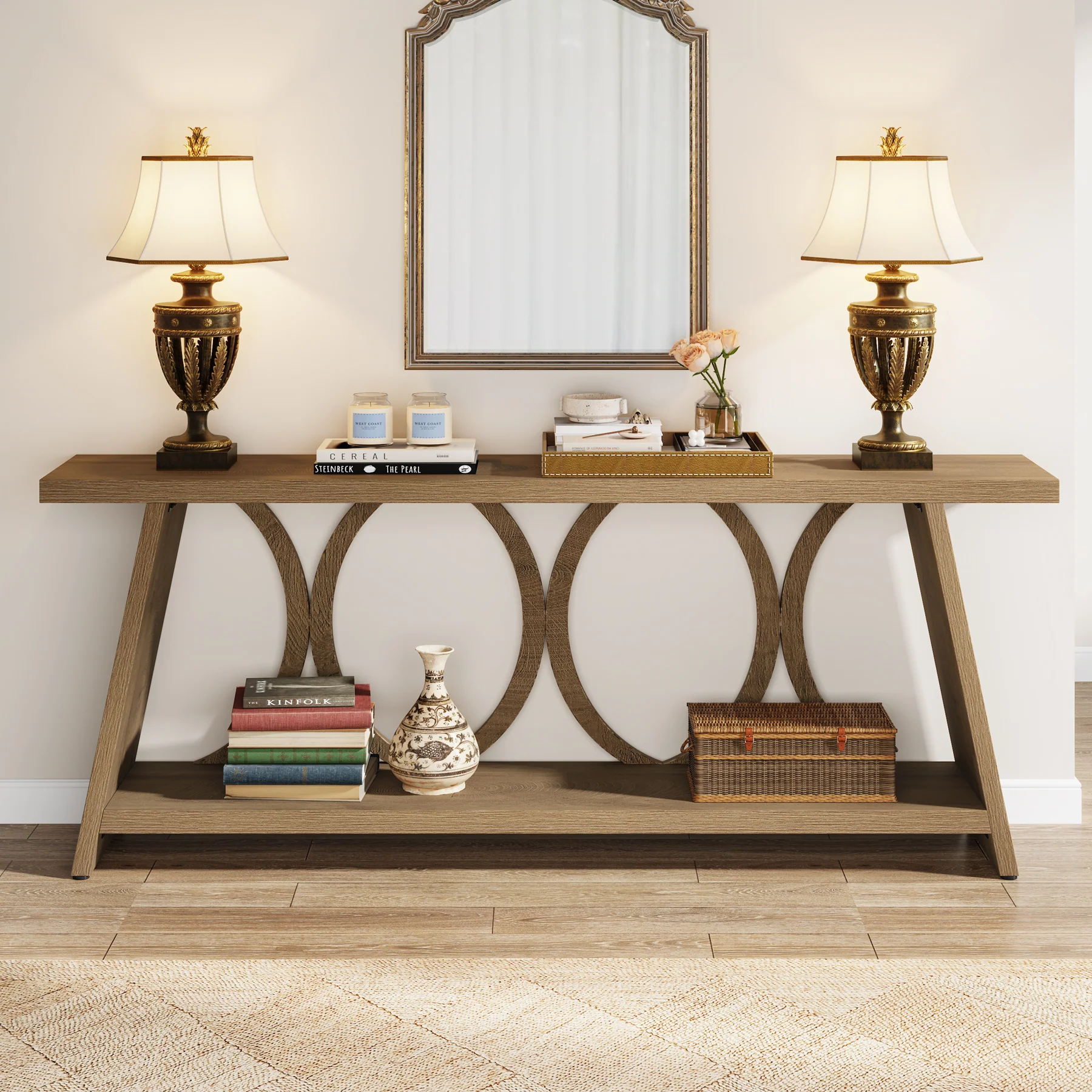 70.9" Console Table, Farmhouse Sofa Table Hallway Accent Table with 2 Tier Shelf - Image 5