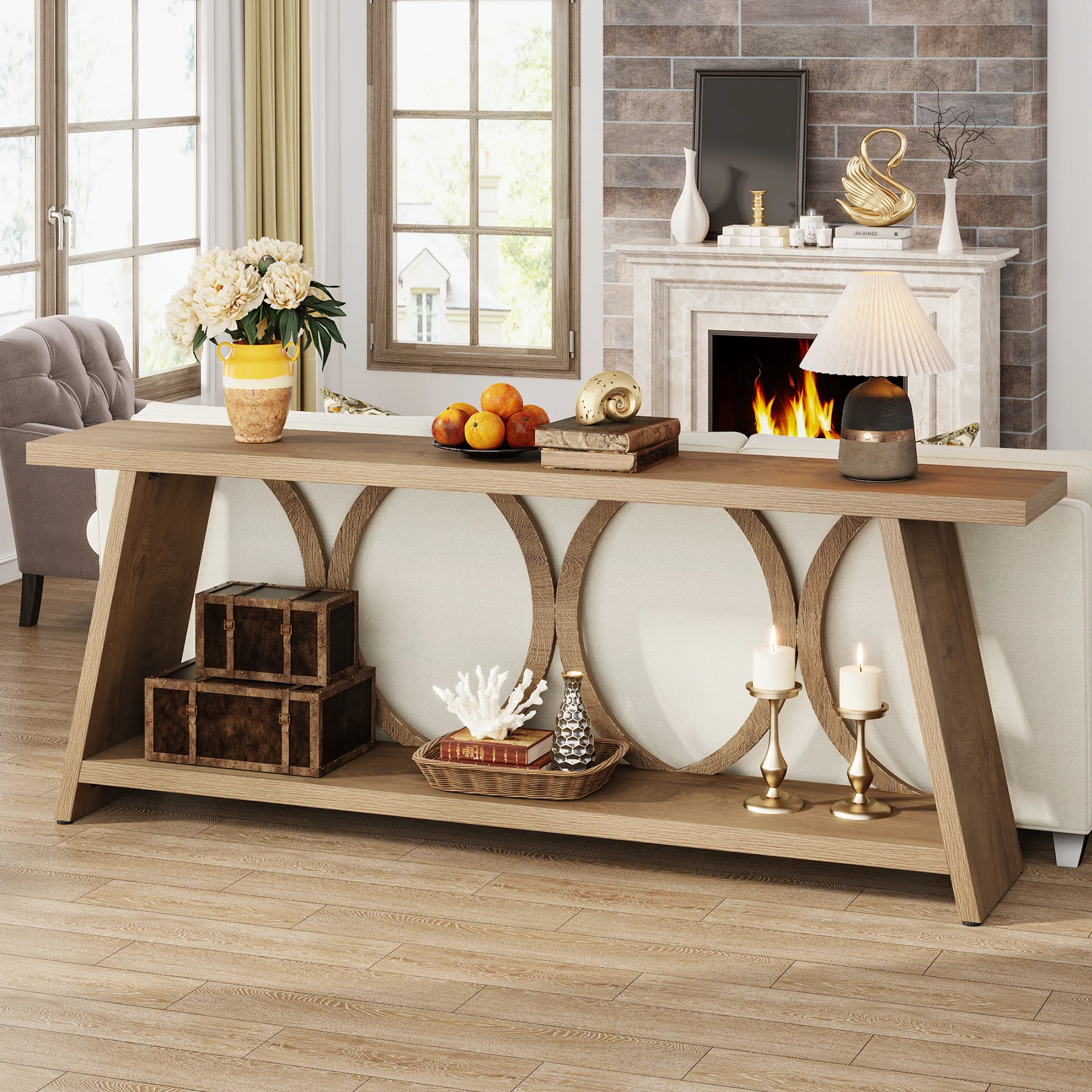 70.9" Console Table, Farmhouse Sofa Table Hallway Accent Table with 2 Tier Shelf - Image 6