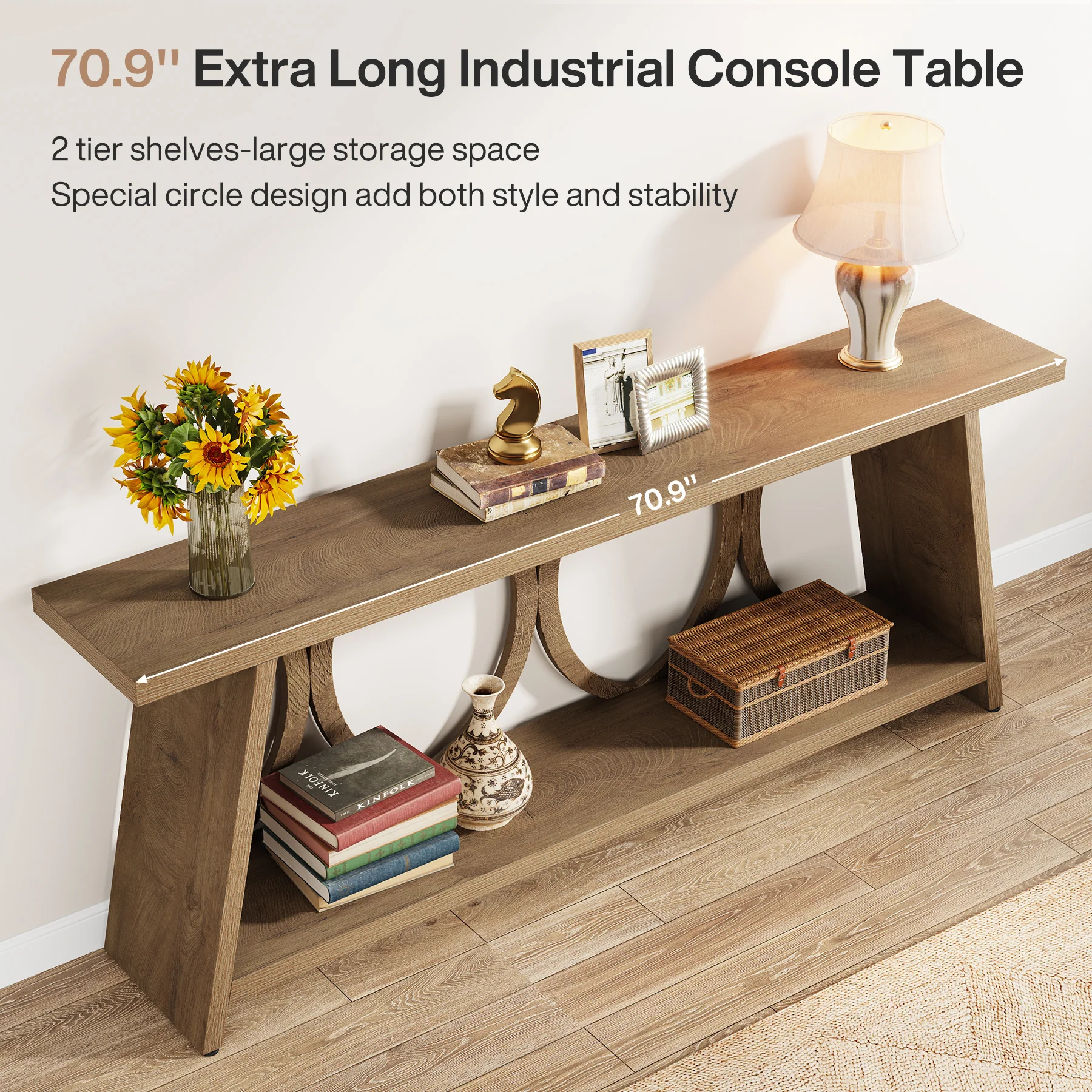 70.9" Console Table, Farmhouse Sofa Table Hallway Accent Table with 2 Tier Shelf - Image 7