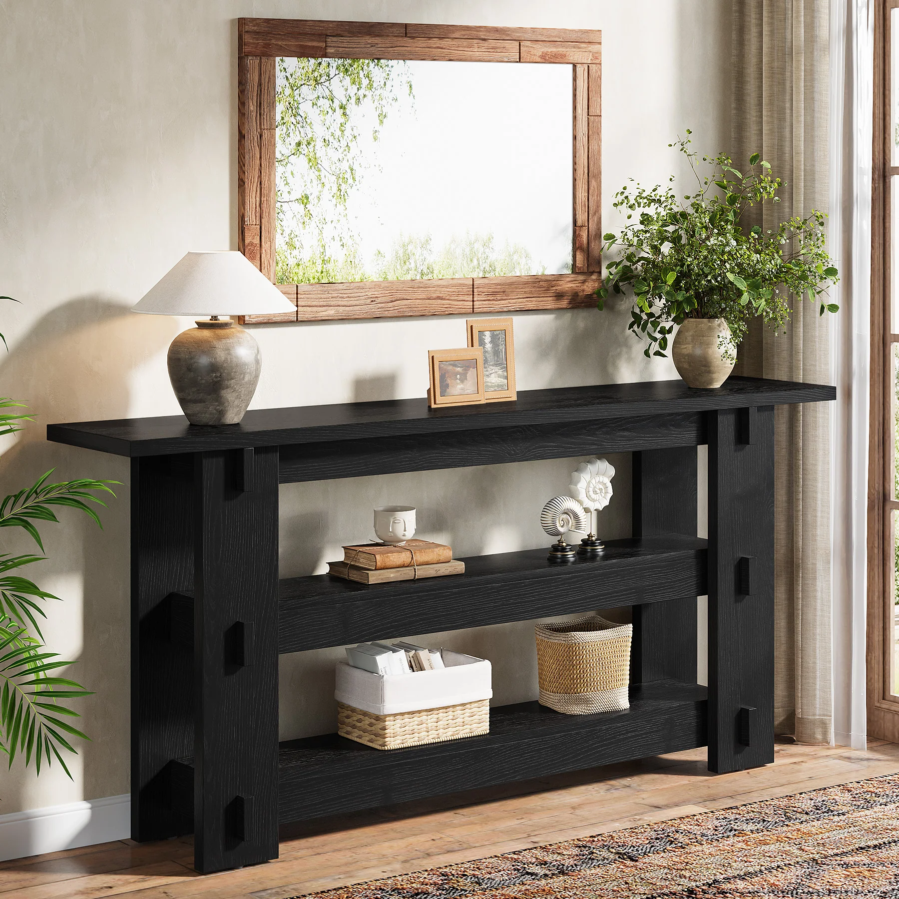 63" Solid Wood Console Table, Farmhouse Sofa Table Behind Couch with 3-Tier Shelves - Image 10