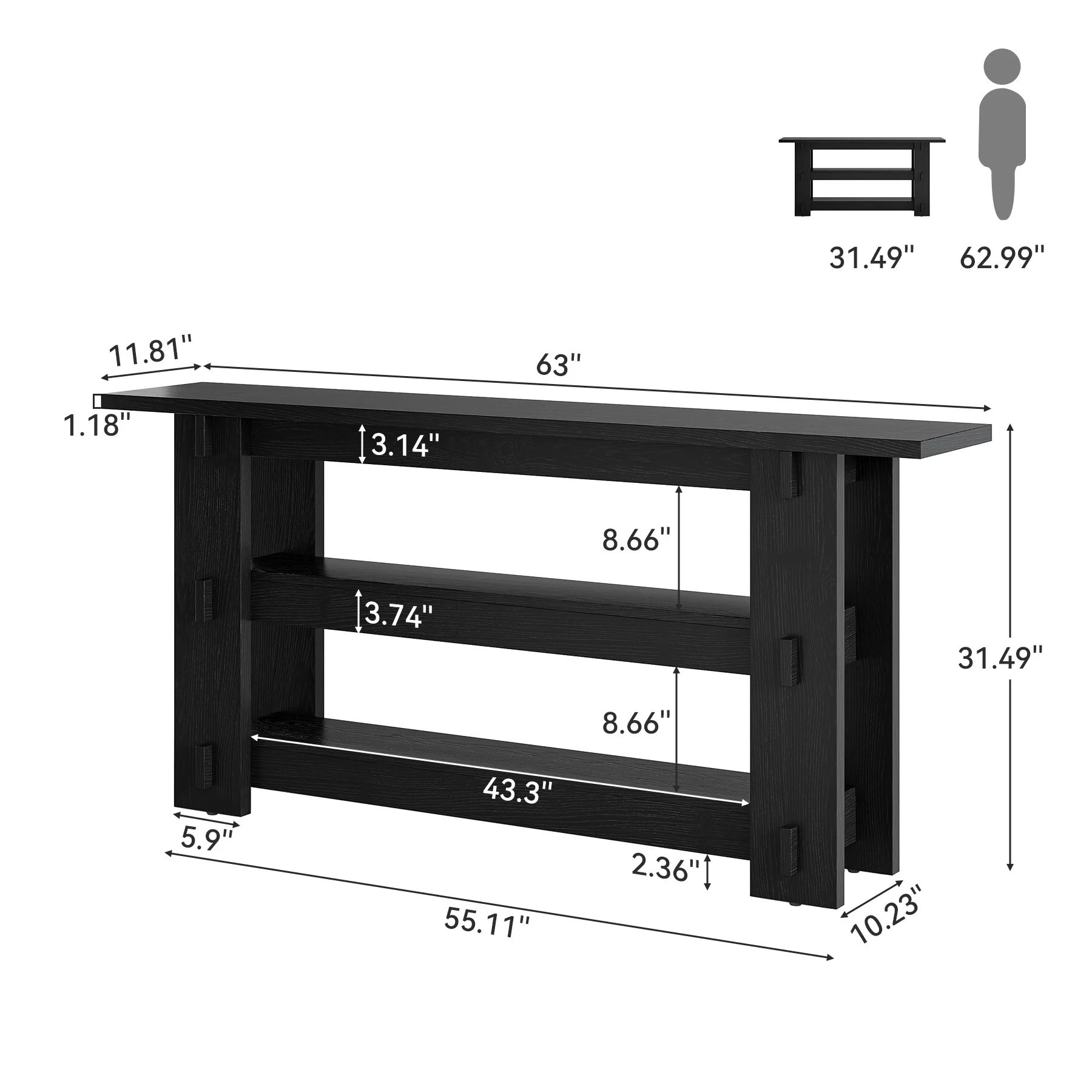 63" Solid Wood Console Table, Farmhouse Sofa Table Behind Couch with 3-Tier Shelves - Image 11