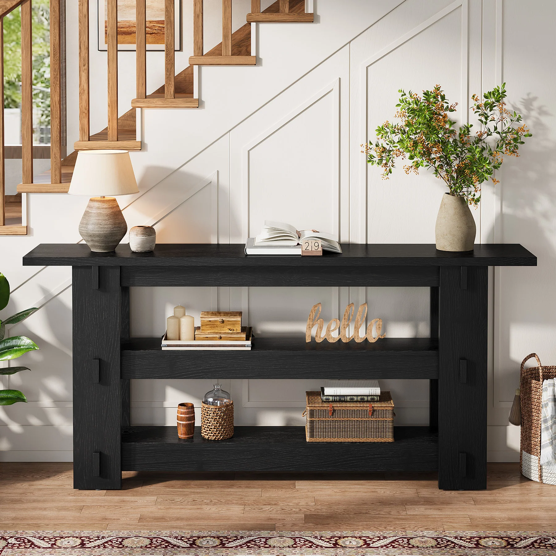 63" Solid Wood Console Table, Farmhouse Sofa Table Behind Couch with 3-Tier Shelves - Image 12