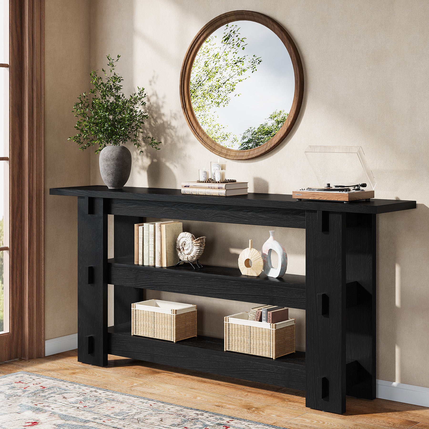 63" Solid Wood Console Table, Farmhouse Sofa Table Behind Couch with 3-Tier Shelves - Image 13