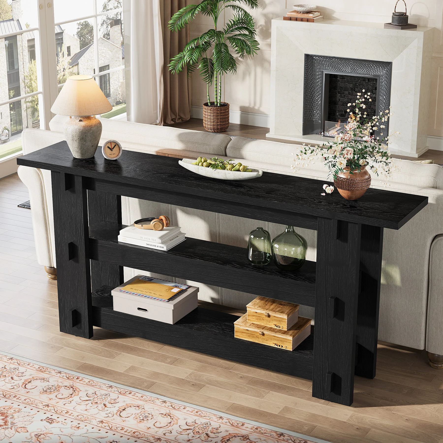 63" Solid Wood Console Table, Farmhouse Sofa Table Behind Couch with 3-Tier Shelves - Image 14