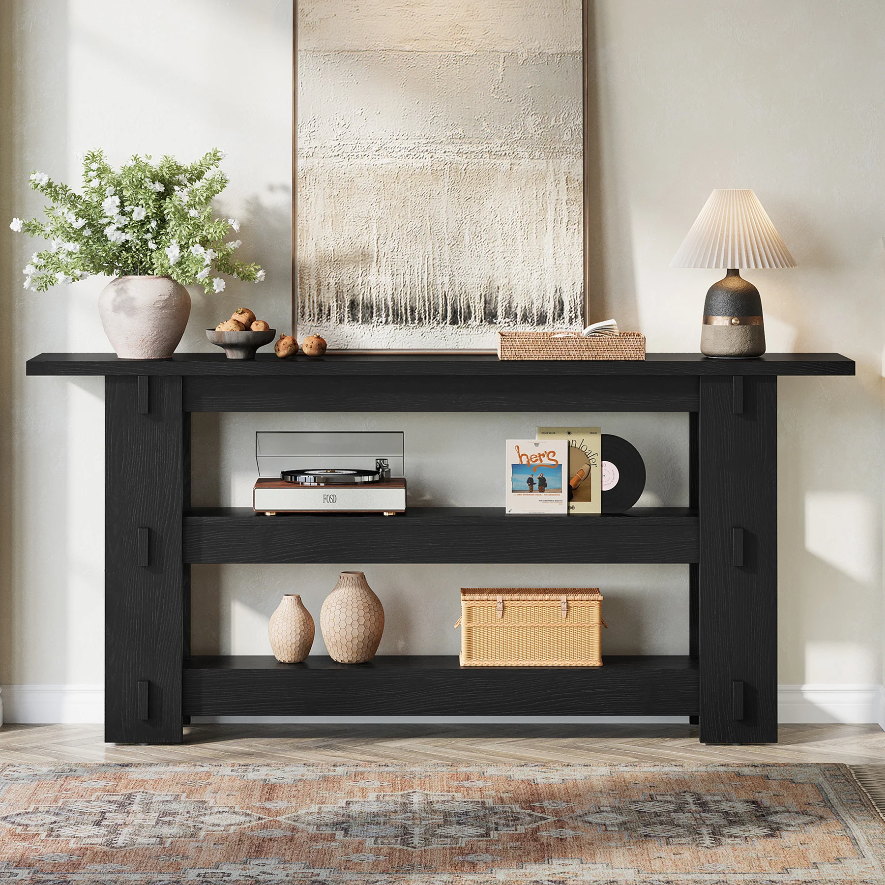 63" Solid Wood Console Table, Farmhouse Sofa Table Behind Couch with 3-Tier Shelves - Image 15