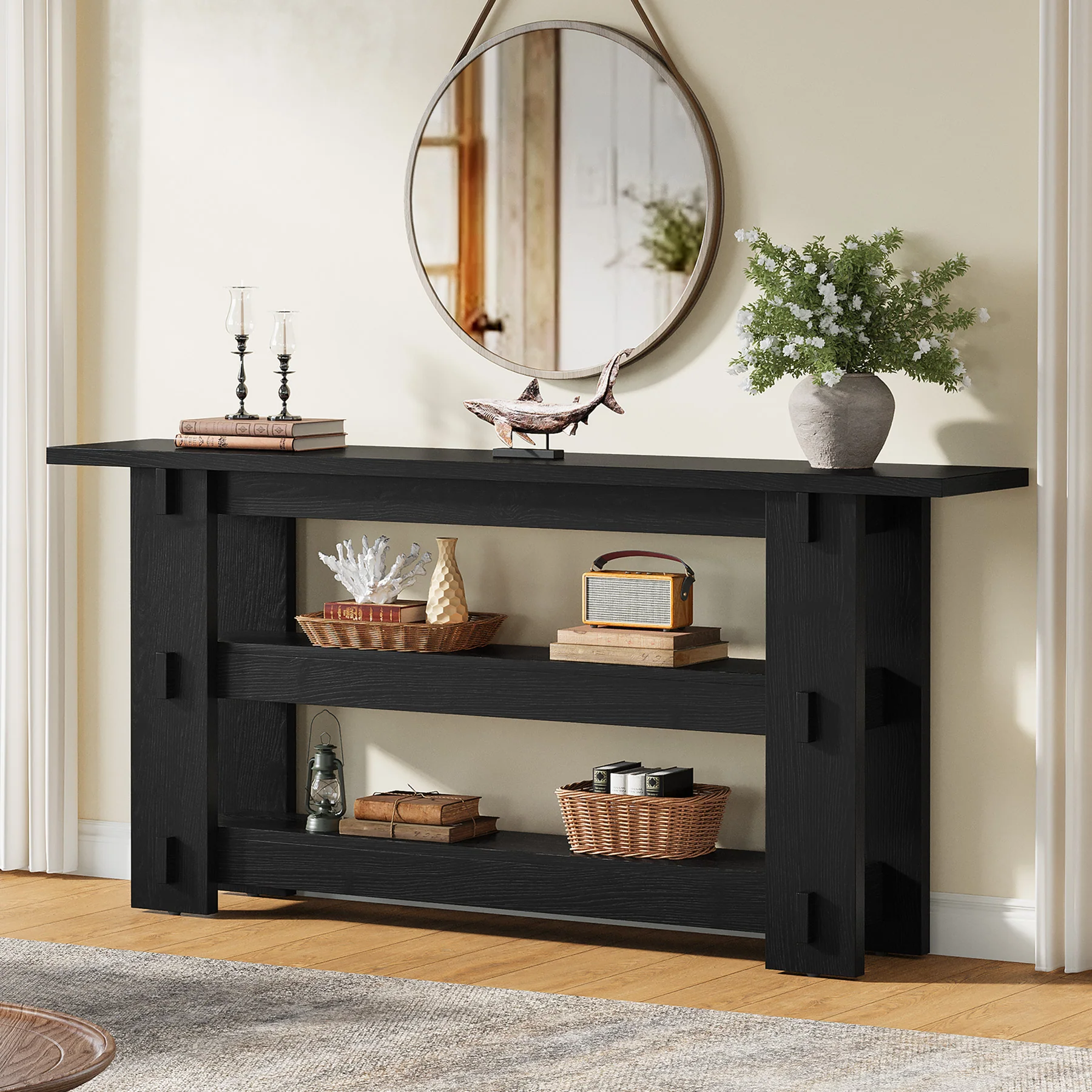 63" Solid Wood Console Table, Farmhouse Sofa Table Behind Couch with 3-Tier Shelves - Image 16