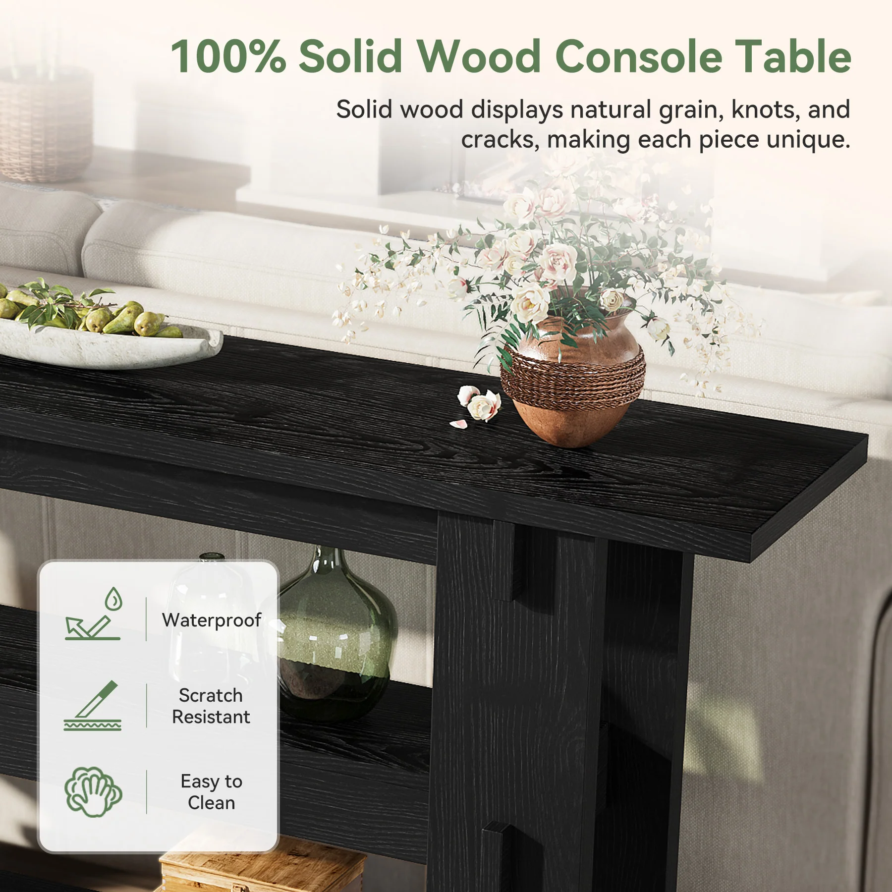63" Solid Wood Console Table, Farmhouse Sofa Table Behind Couch with 3-Tier Shelves - Image 17