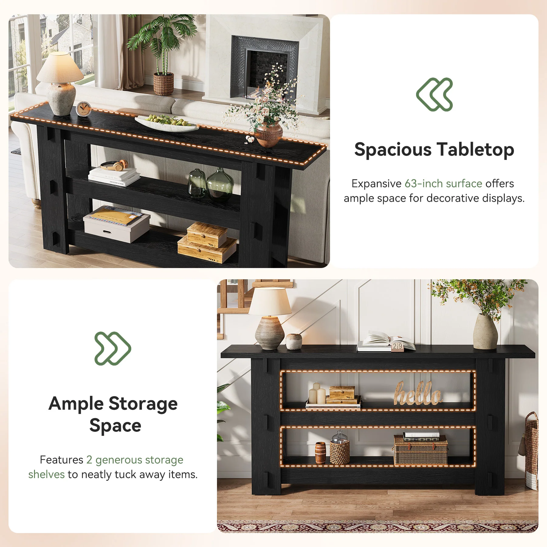 63" Solid Wood Console Table, Farmhouse Sofa Table Behind Couch with 3-Tier Shelves - Image 18