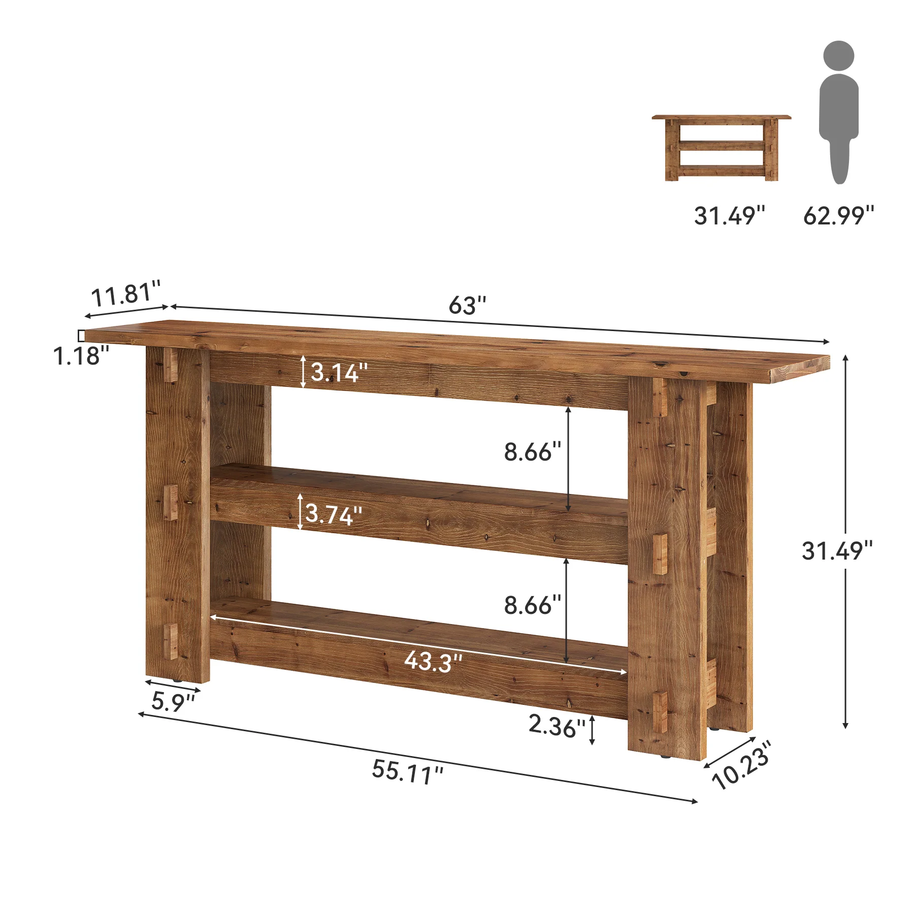 63" Solid Wood Console Table, Farmhouse Sofa Table Behind Couch with 3-Tier Shelves - Image 2