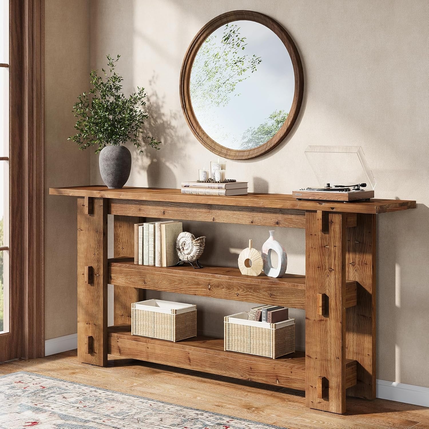 63" Solid Wood Console Table, Farmhouse Sofa Table Behind Couch with 3-Tier Shelves - Image 3