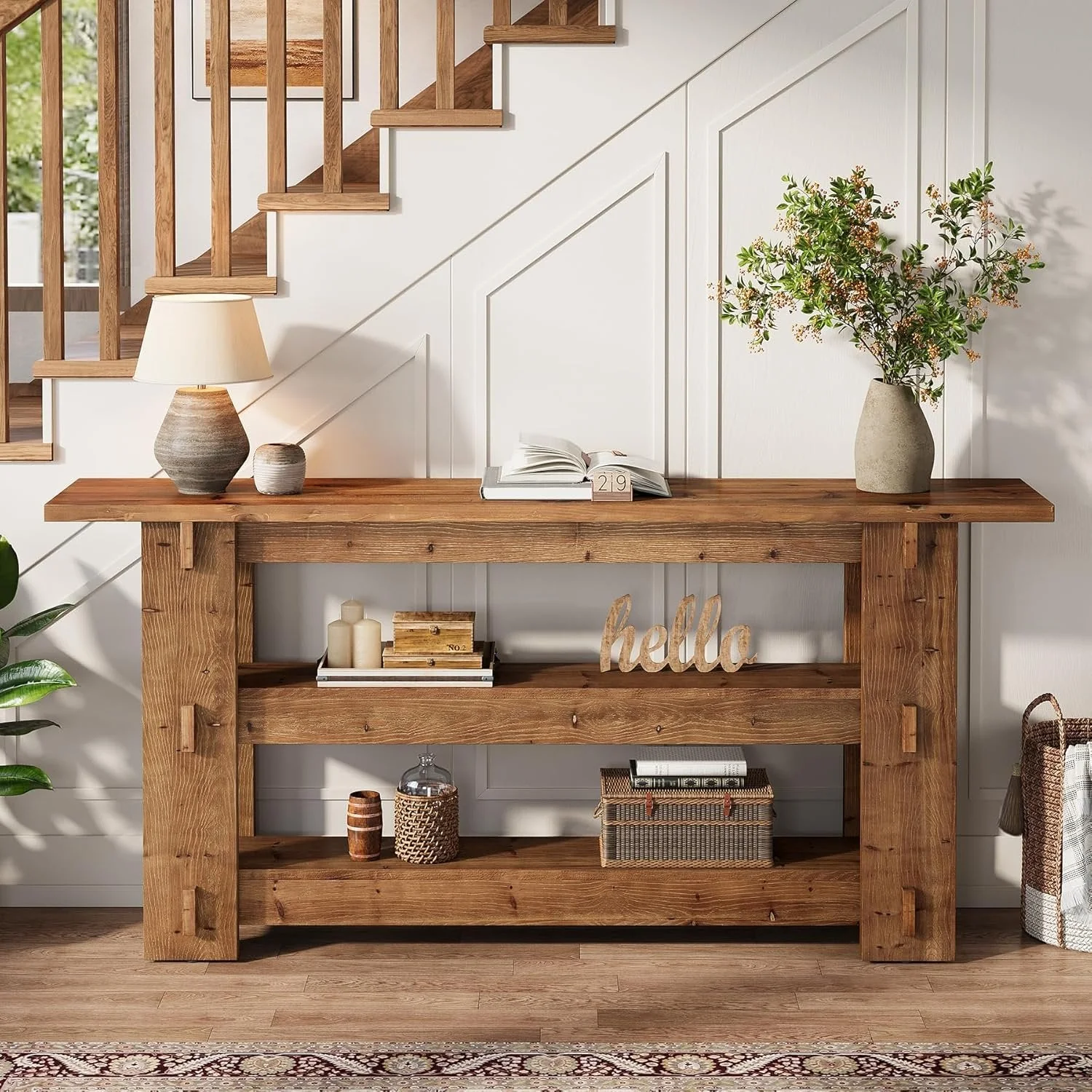 63" Solid Wood Console Table, Farmhouse Sofa Table Behind Couch with 3-Tier Shelves - Image 4
