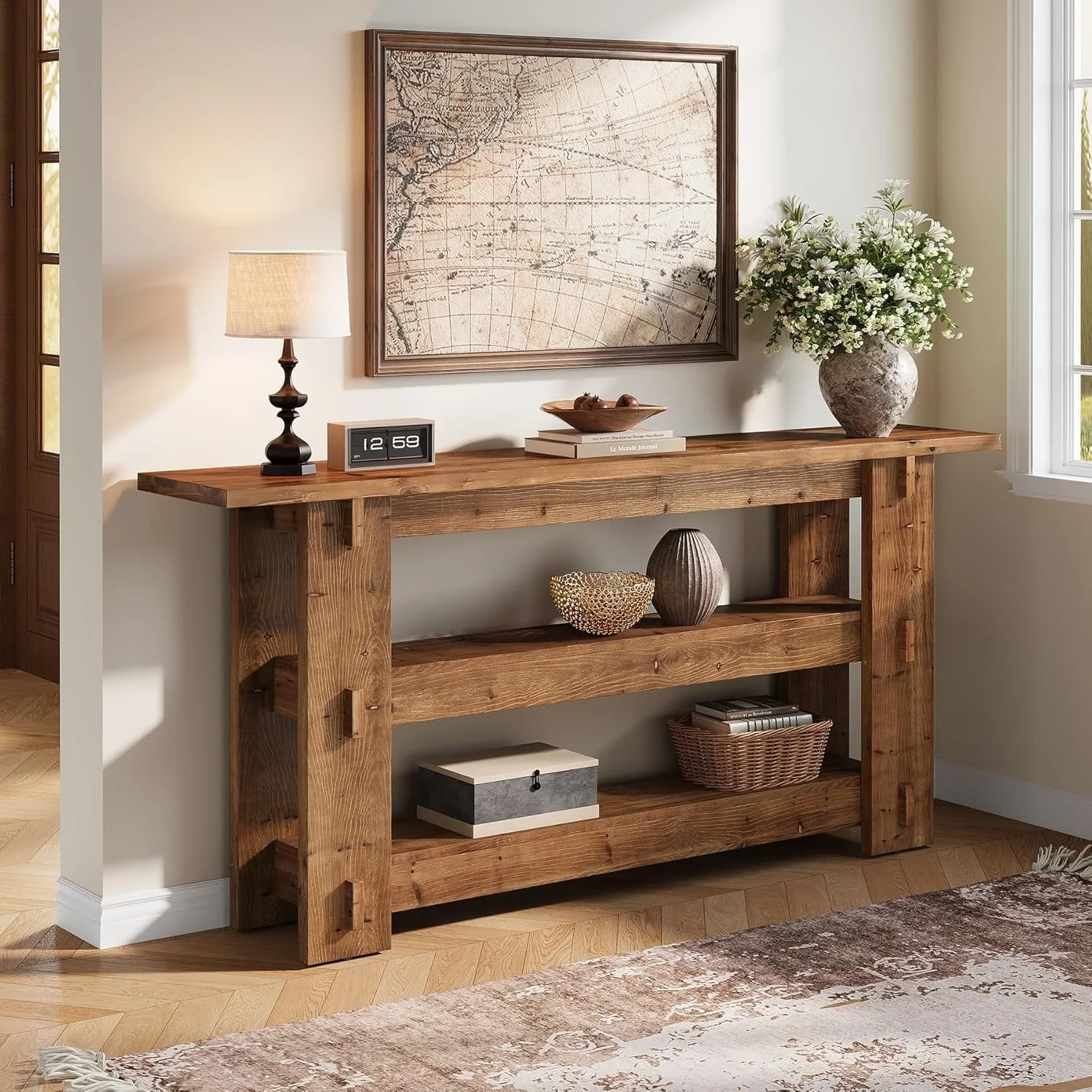 63" Solid Wood Console Table, Farmhouse Sofa Table Behind Couch with 3-Tier Shelves - Image 5