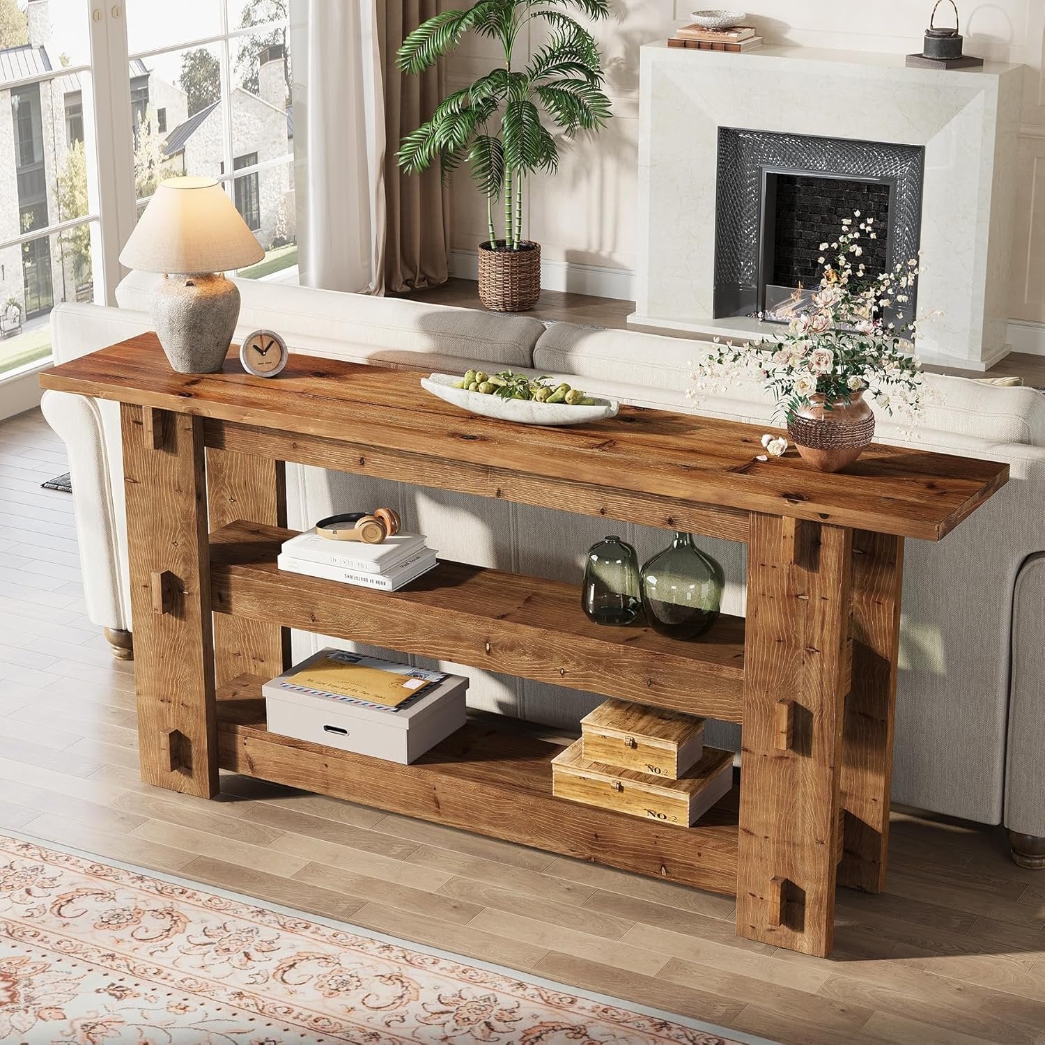 63" Solid Wood Console Table, Farmhouse Sofa Table Behind Couch with 3-Tier Shelves - Image 6