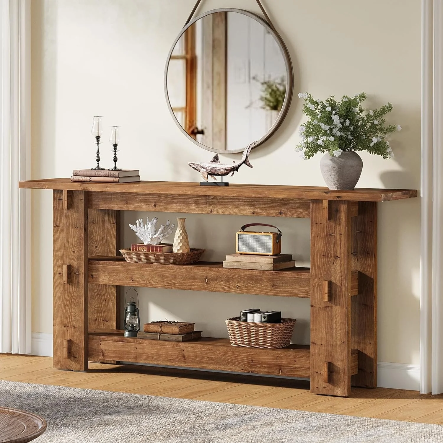 63" Solid Wood Console Table, Farmhouse Sofa Table Behind Couch with 3-Tier Shelves - Image 7