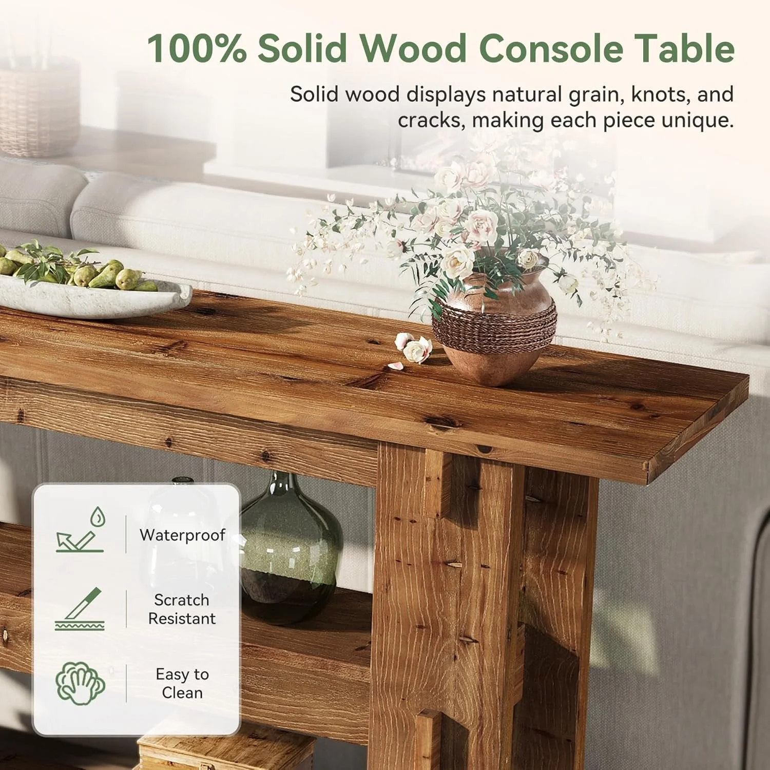63" Solid Wood Console Table, Farmhouse Sofa Table Behind Couch with 3-Tier Shelves - Image 8