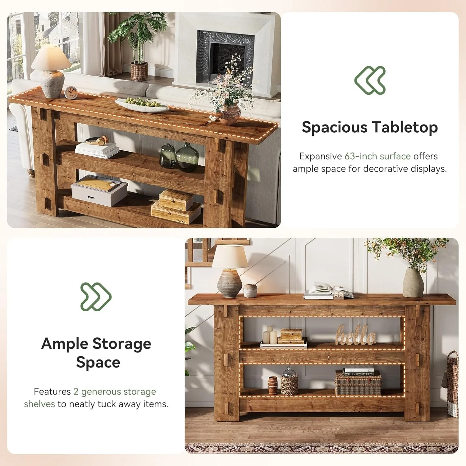 63" Solid Wood Console Table, Farmhouse Sofa Table Behind Couch with 3-Tier Shelves - Image 9