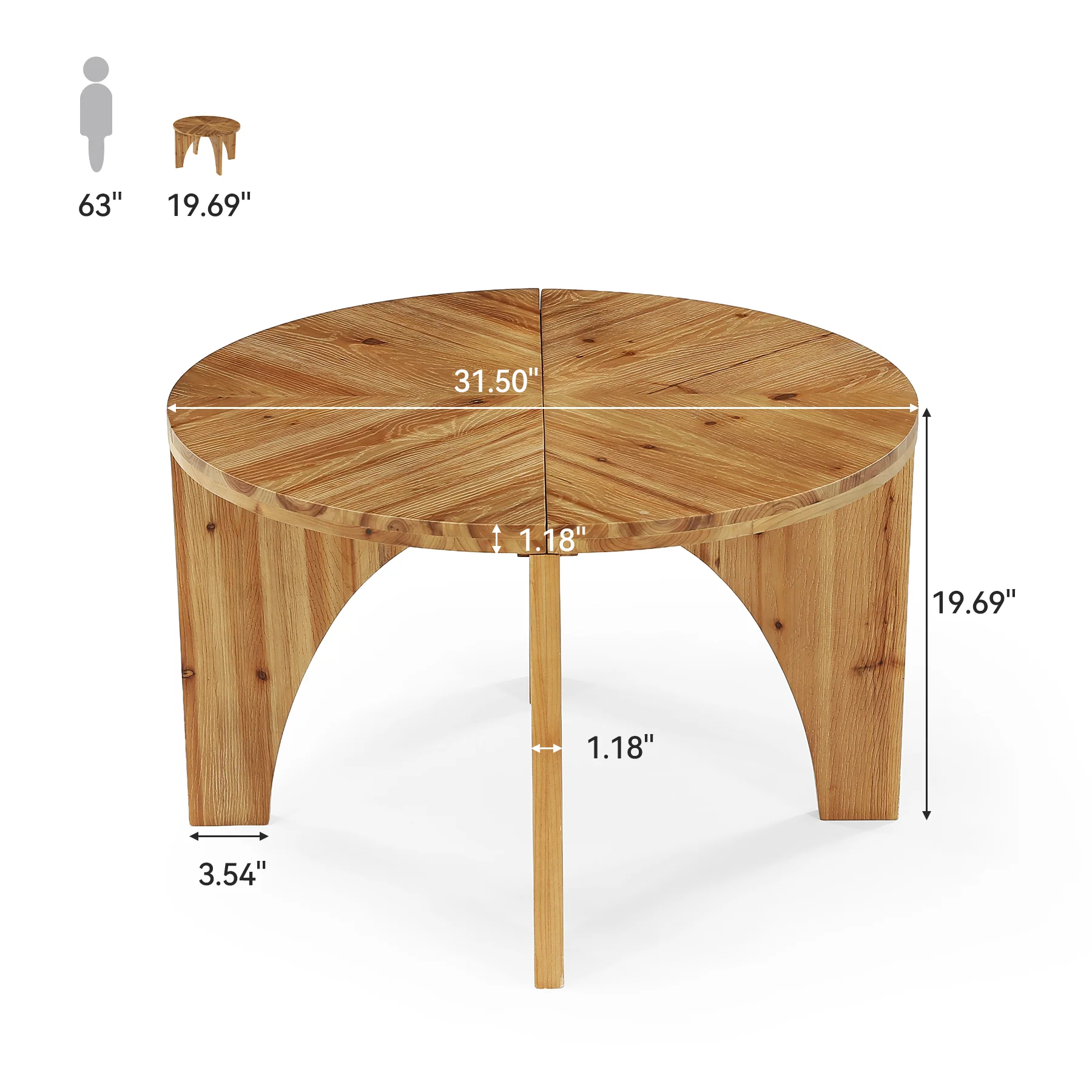 31.5" Round Coffee Table, Farmhouse Solid Wood Center Table with Curved Legs - Image 2