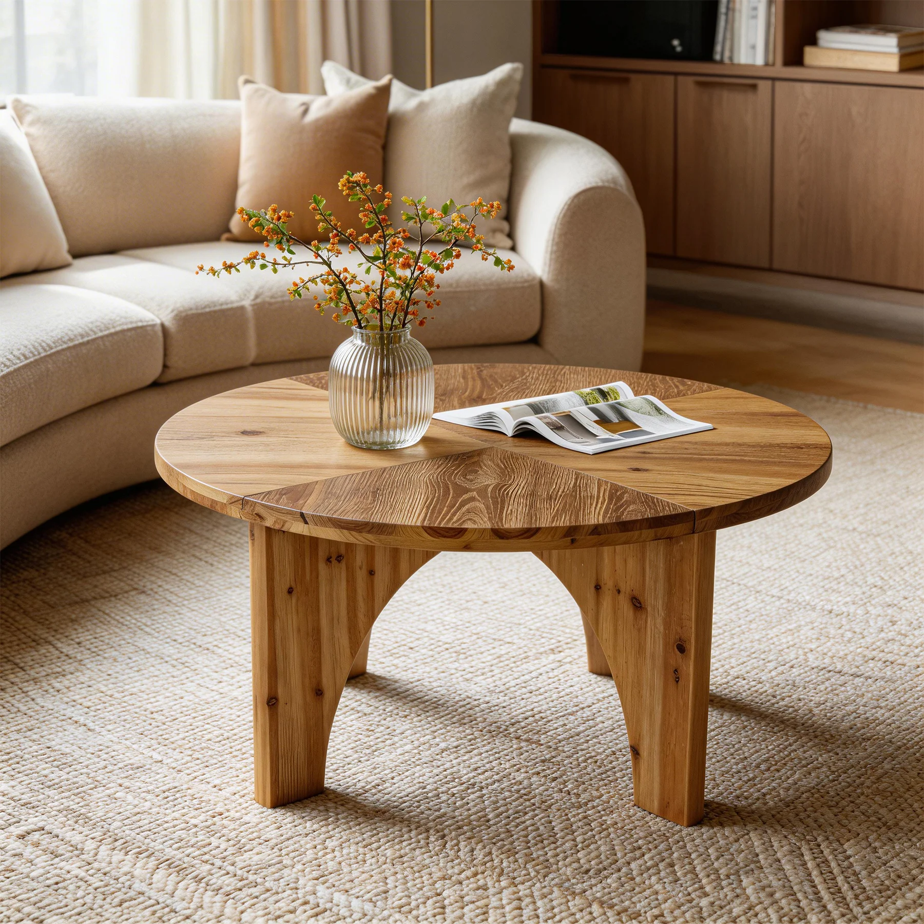 31.5" Round Coffee Table, Farmhouse Solid Wood Center Table with Curved Legs - Image 3
