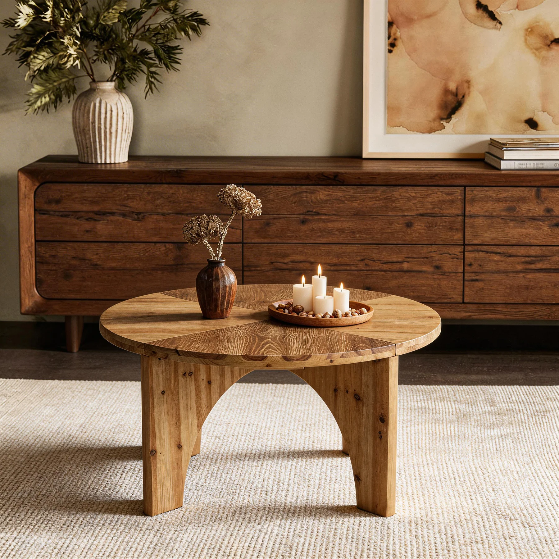 31.5" Round Coffee Table, Farmhouse Solid Wood Center Table with Curved Legs - Image 4