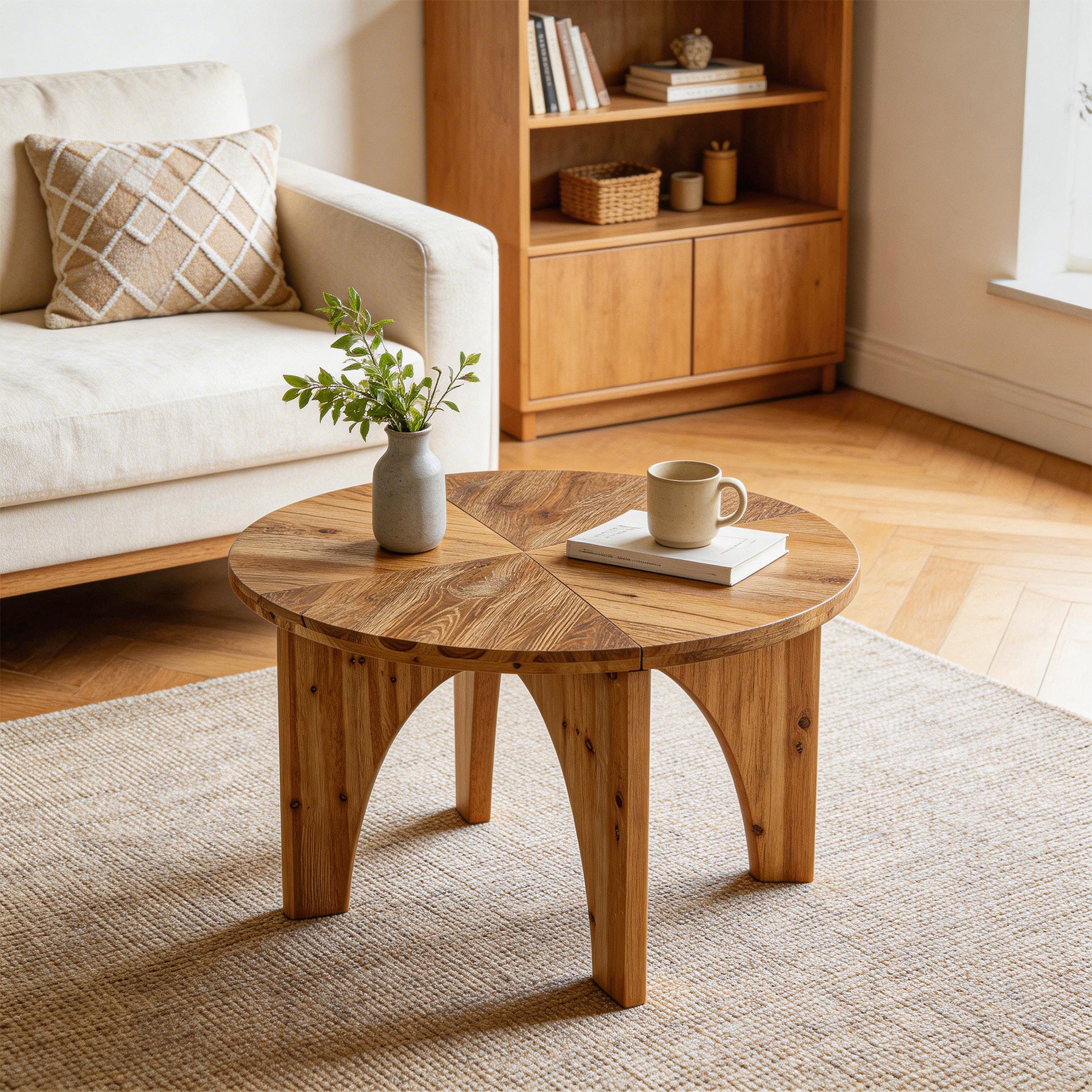 31.5" Round Coffee Table, Farmhouse Solid Wood Center Table with Curved Legs - Image 6