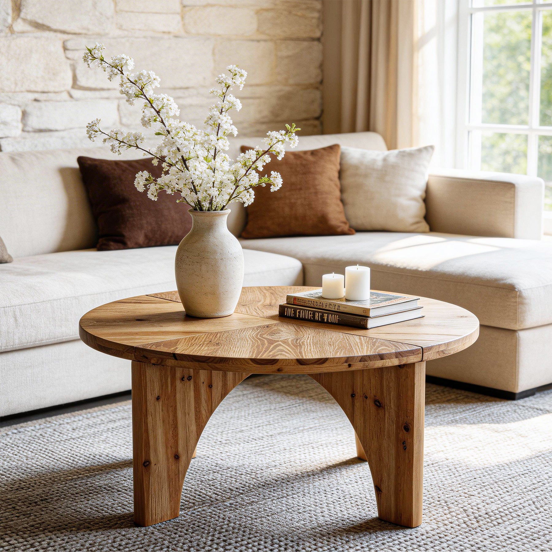 31.5" Round Coffee Table, Farmhouse Solid Wood Center Table with Curved Legs - Image 7