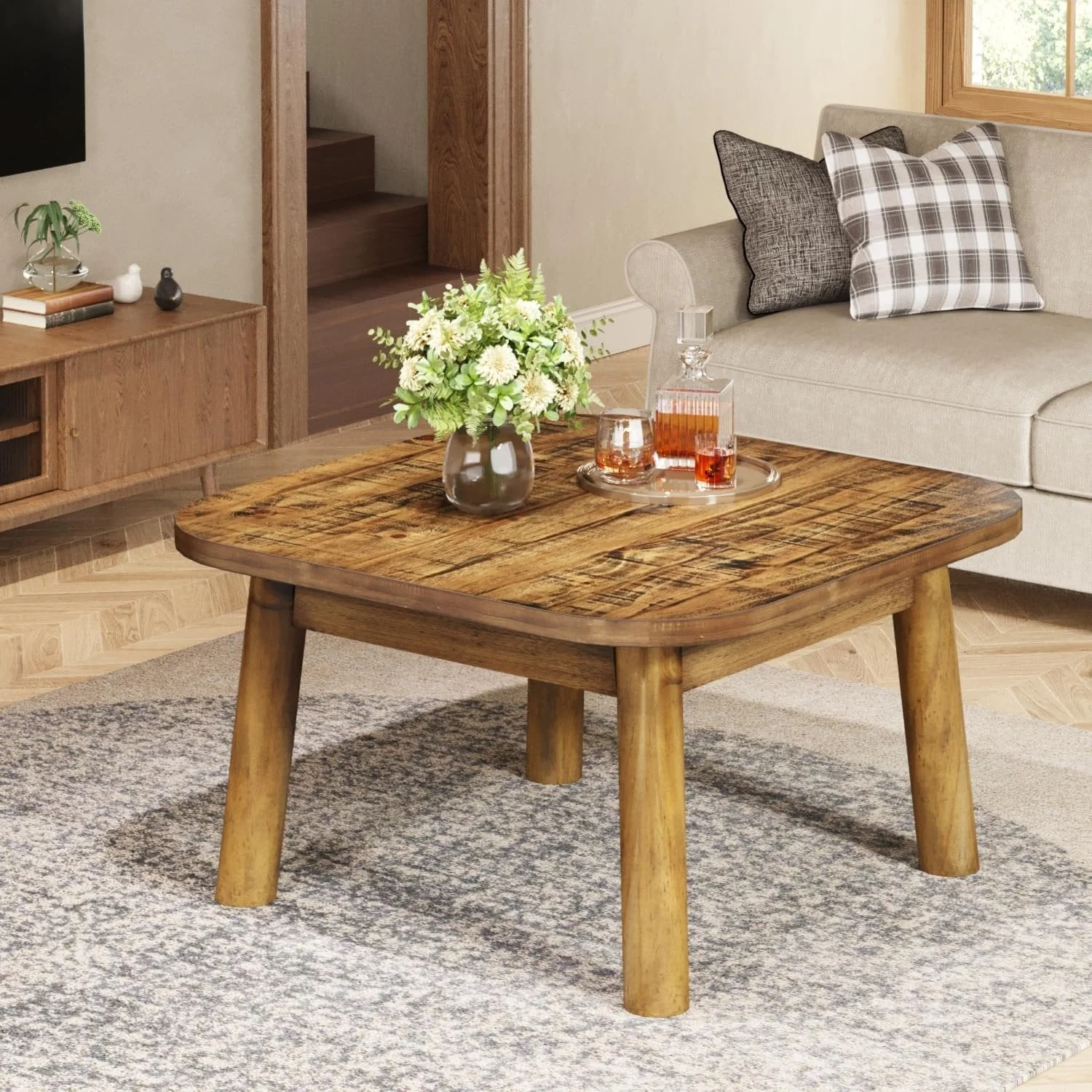 31.5" Square Coffee Table, Farmhouse Solid Wood Center Table with Rounded Corners - Image 5