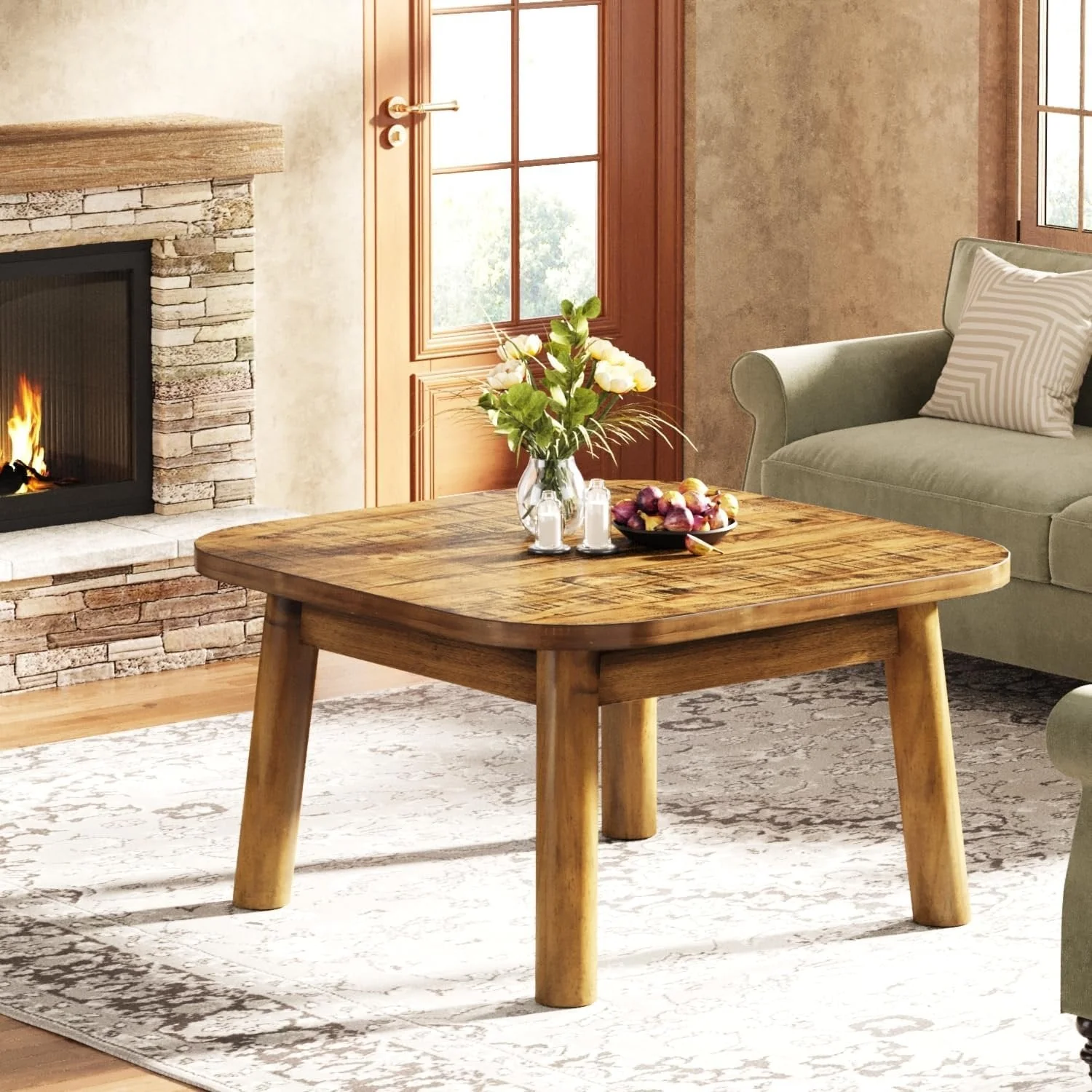 31.5" Square Coffee Table, Farmhouse Solid Wood Center Table with Rounded Corners - Image 6