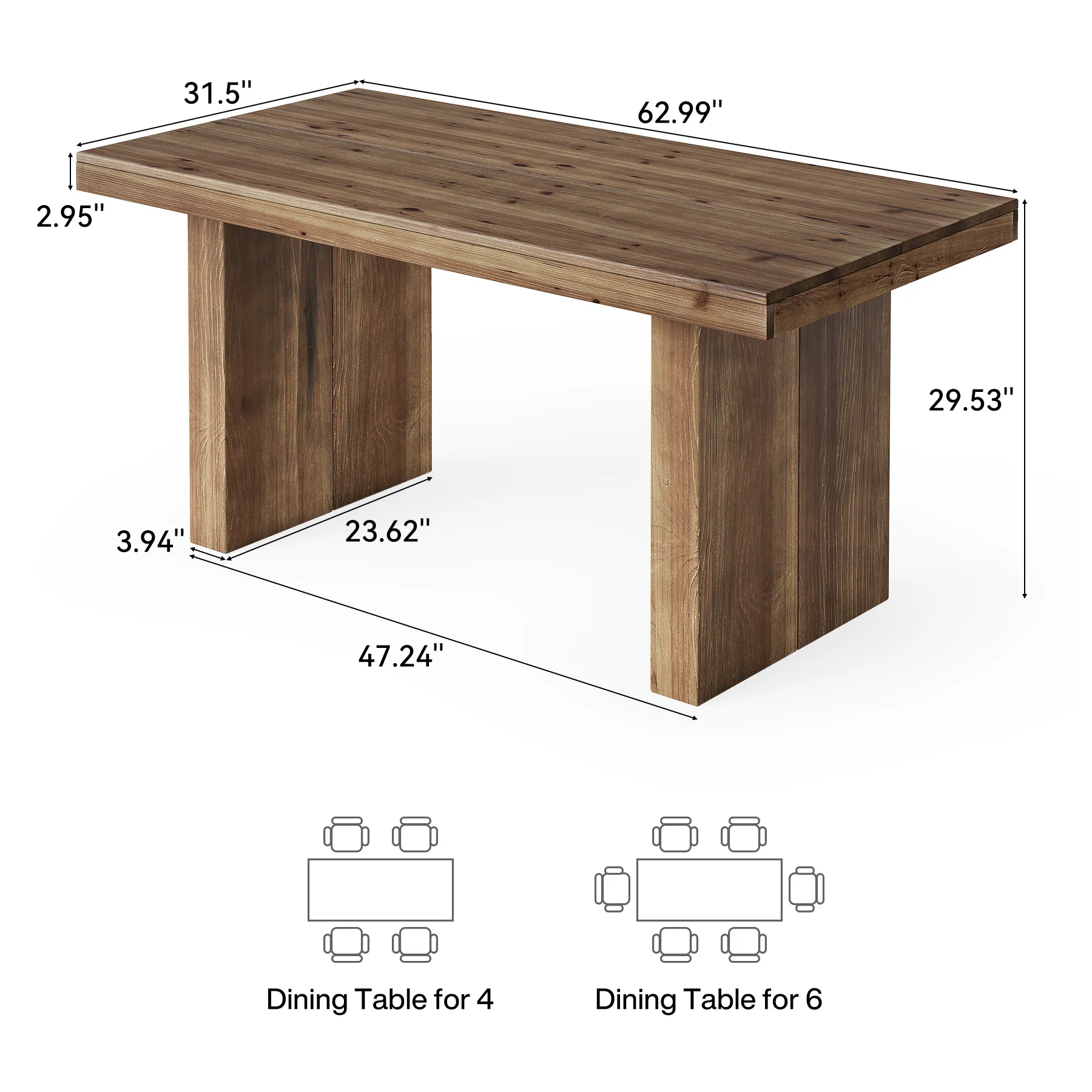 63" Rectangle Dining Table, Farmhouse Solid Wood Kitchen Dinner Table for 4-6 People - Image 2